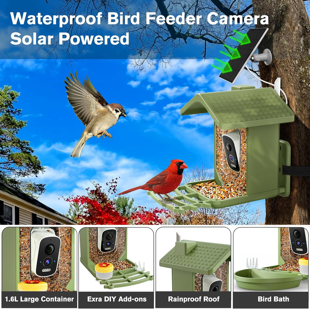 FOCOTOS Smart Bird Feeder with Camera Solar Powered, AI Birds Species Identification, 2.5K HD Video Bird House with Camera for Outside, Weatherproof Design Ideal Gifts for Christmas, Bird Lovers, Green