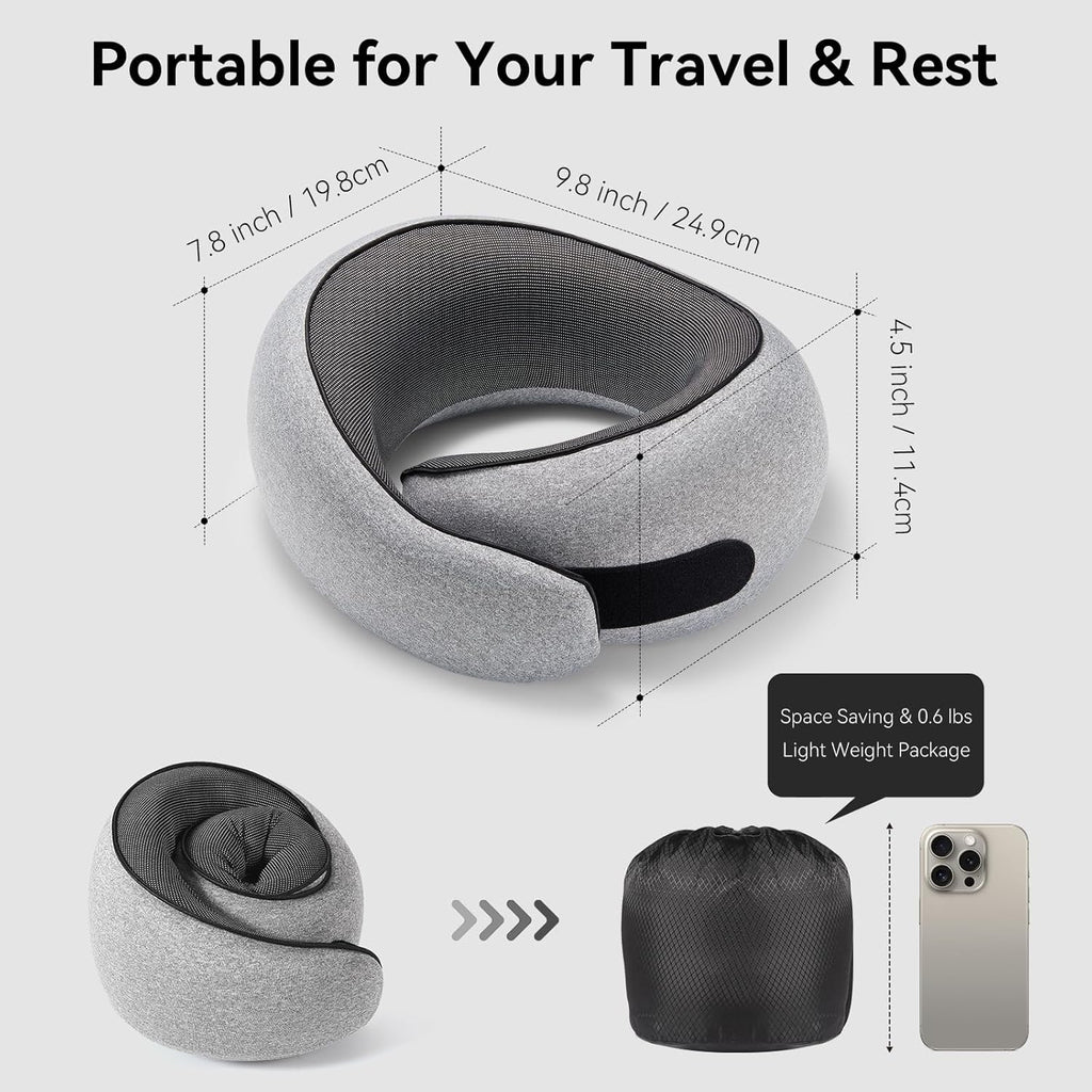 FOCOTOS Travel Pillow, Memory Foam Neck Pillow with Ergonomic 360° Support, Travel Neck Pillow for Airplanes, Compact Design for Plane, Car & Office Travel Essentials, Gray
