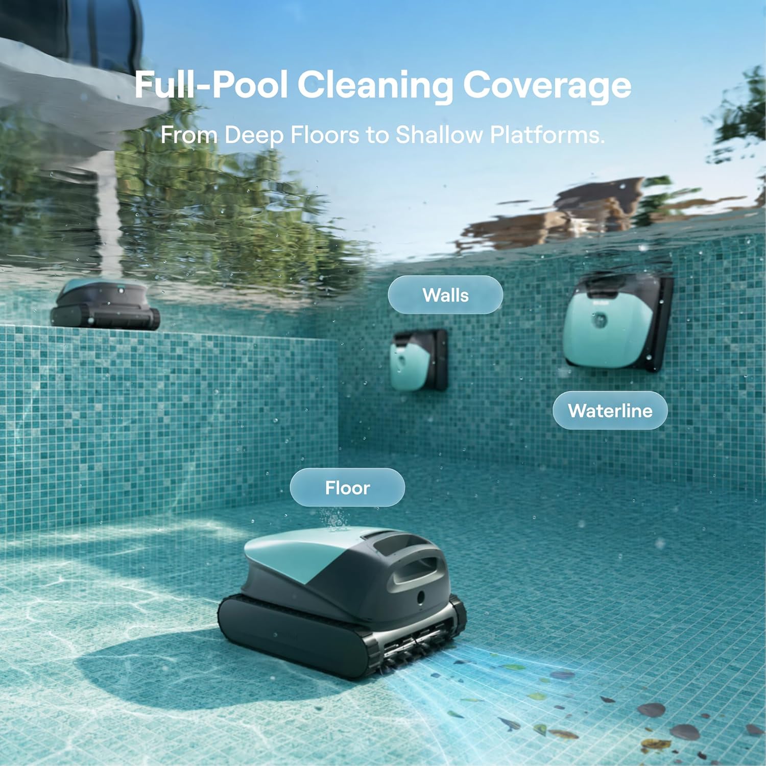 (2026 Upgrade) FOCOTOS Sora 10 Cordless Pool Vacuum Robot for Inground & Above Ground Pools, 6800 GPH Suction, Floor/Wall/Waterline/Shallow Area Cleaning, Waterline Parking, Cyan Green