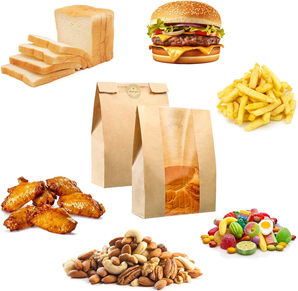 FOCOTOS 50 Pcs Bread Bags for Homemade Bread, Sourdough Paper With Window, 50% Thicker 13.7x8.2x3.7in A Large Bakery Bags Used for Storage Cookies & Snacks, 60 Cute Sealing Stickers With Ties