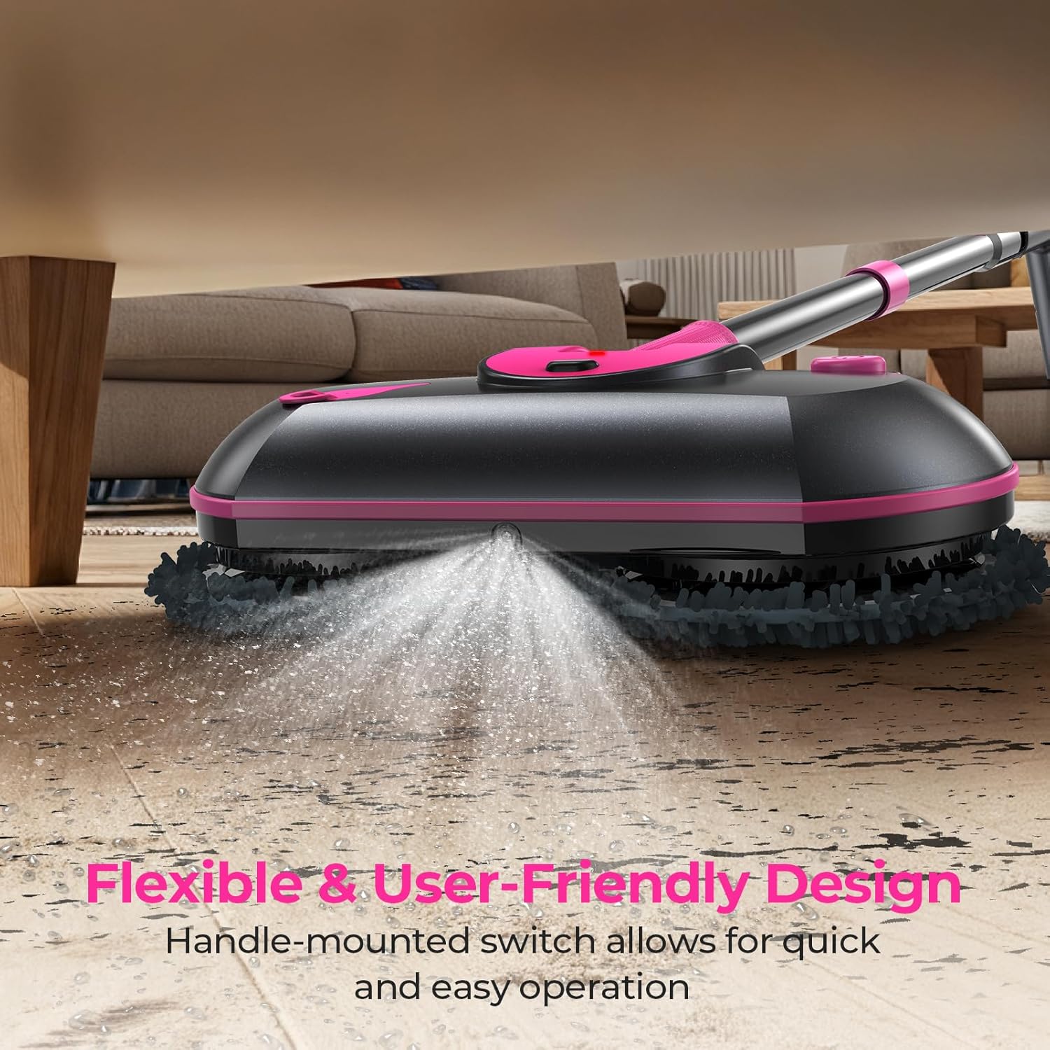 FOCOTOS Cordless Electric Mop, Electric Spin Mop with Water Sprayer, Powerful Floor Cleaner, 300ml Tank Self-Propelled for Hardwood & Tile, Adjustable Handle, 2500mAh Long-Lasting Battery, Pink