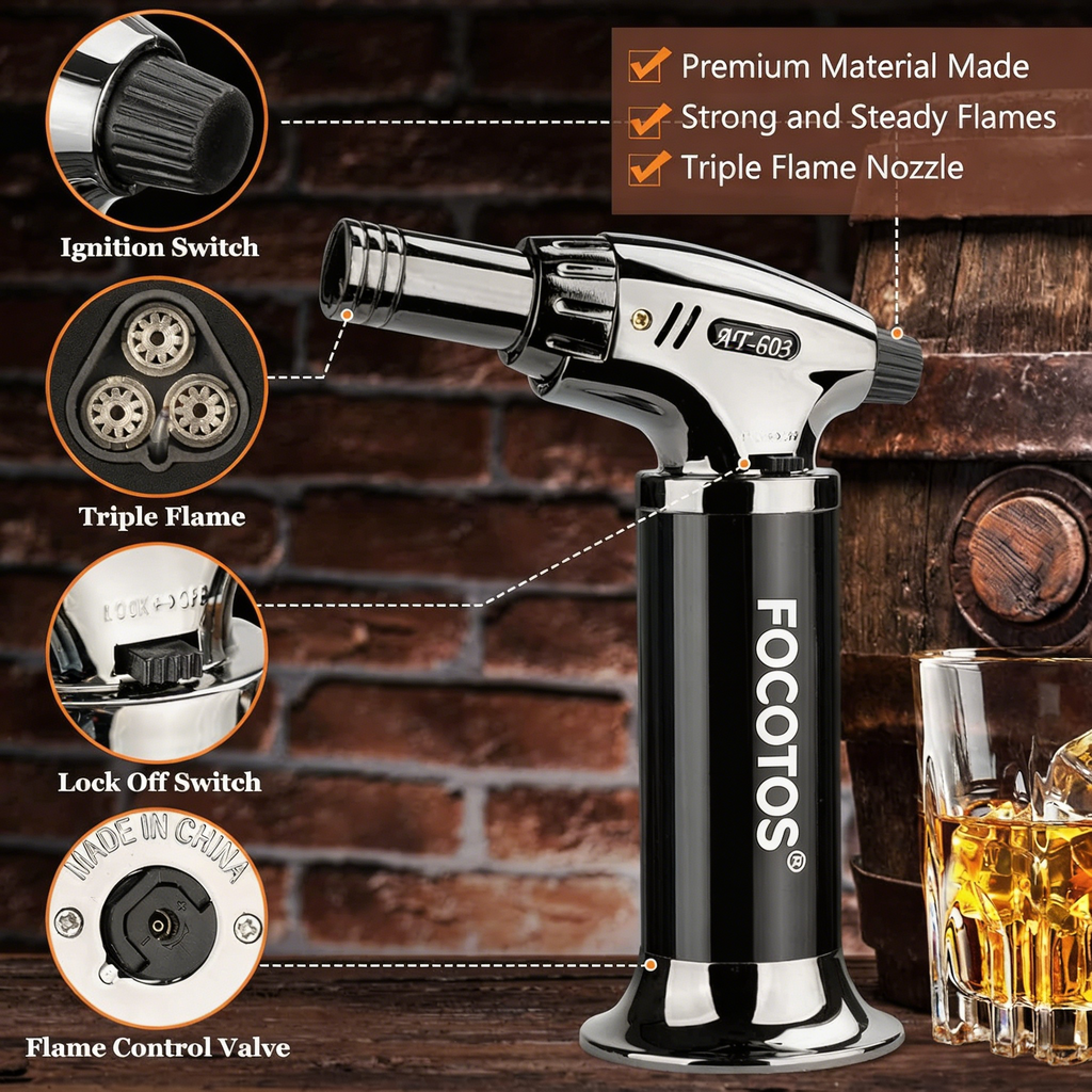 FOCOTOS Cocktail Smoker Kit with Torch – 6 Flavors Wood Chips – Bourbon, Whiskey Smoker Infuser Kit, Old Fashioned Drink Smoker Kit, Birthday Bourbon Whiskey Gifts for Men, Dad, Husband (Without Butane)