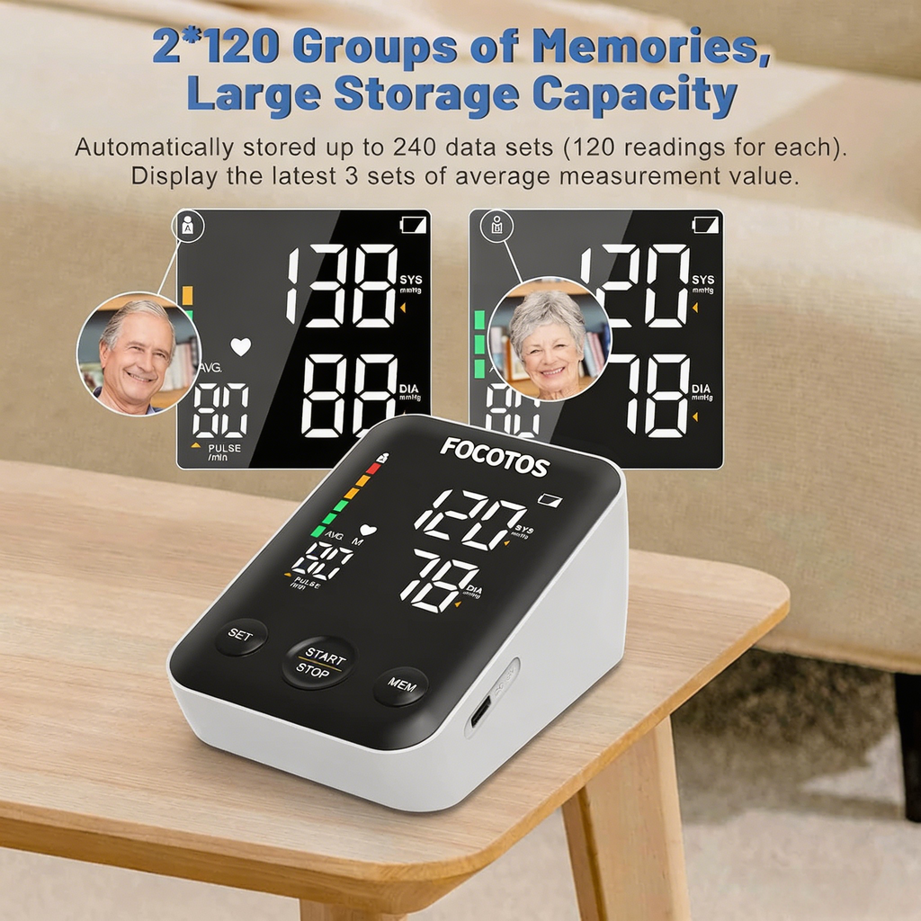 Blood Pressure Monitor Large Cuff, FOCOTOS Upper Arm Blood Pressure Machines for Home Use Accurate BP Cuff LED Backlight Display Heart Rate Detection 2x120 Records, Cuff 22-40cm