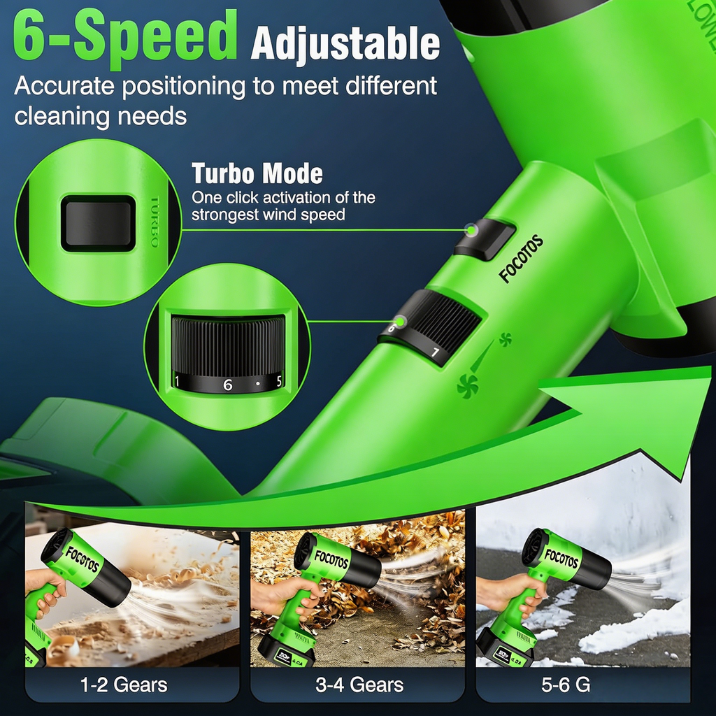 FOCOTOS Leaf Blower Cordless, Handheld Leaf Blower with 2 X 4.0Ah Battery and Charger, Snow Blower with 6 Speed Modes, Lightweight Blowers for Lawn Care, Patio, Yard, Blowing Snow, Leaves, Dust