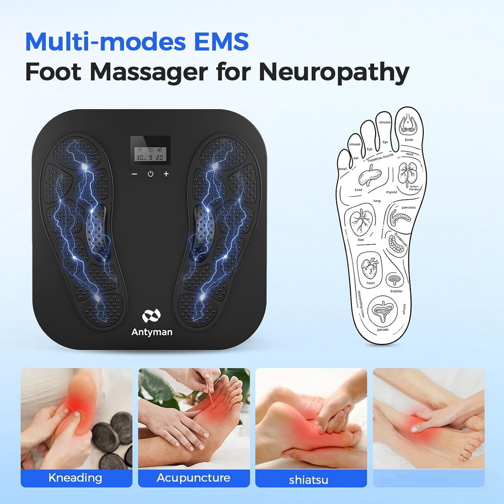 Antyman EMS Foot Massager for Neuropathy, Plantar Fasciitis and Pain Relief | Rechargeable TENS Foot Stimulator with 10 Modes 20 Intensities, 2 TENS Unit Muscle Circulation Stimulator ,Gifts for Mom Dad