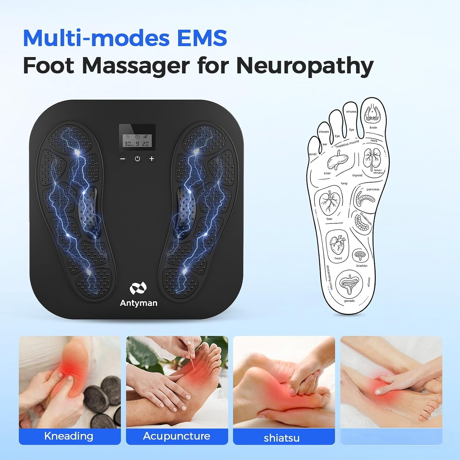 Antyman EMS Foot Massager for Neuropathy, Plantar Fasciitis and Pain Relief | Rechargeable TENS Foot Stimulator with 10 Modes 20 Intensities, 2 TENS Unit Muscle Circulation Stimulator ,Gifts for Mom Dad
