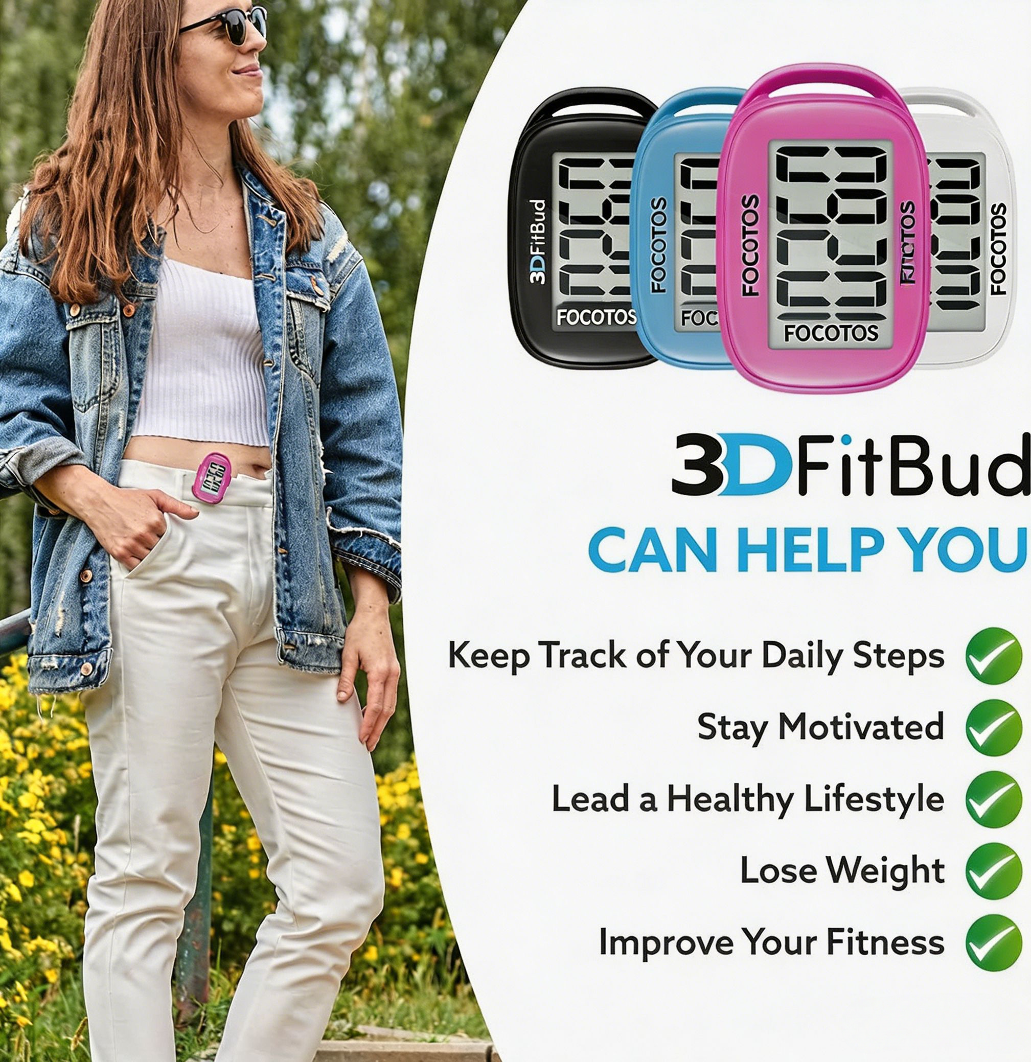 FOCOTOS 3DFitBud Simple Step Counter Walking 3D Pedometer with Clip, Lanyard Accurate Step Tracker Large Display, Easy to Use for Kids Men Women Adult Seniors Daily Step Tracking - A420S