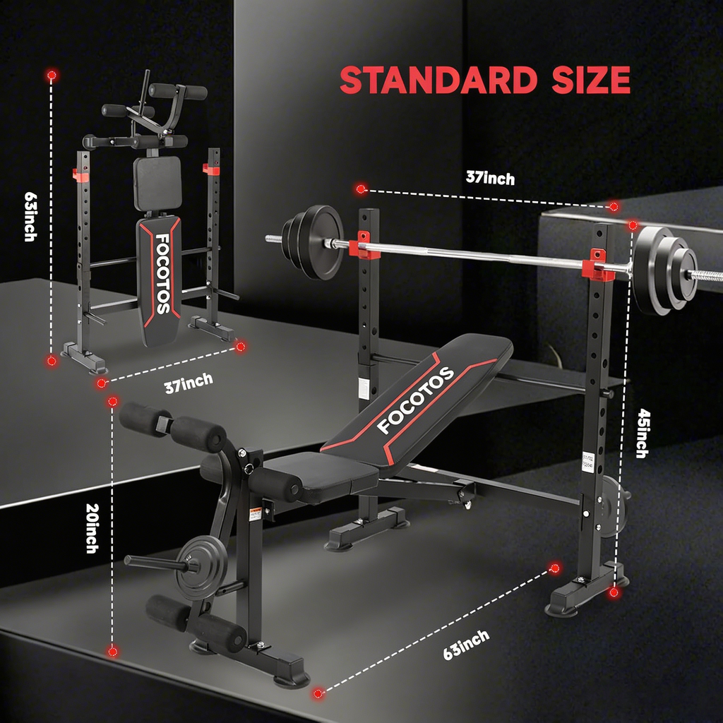 FOCOTOS 1500LBS / 750LBS 8 in 1 Weight Bench with Leg Extension and Squat Rack, Adjustable Flat Incline Decline Bench Press for Full Body Workout（US Stock）