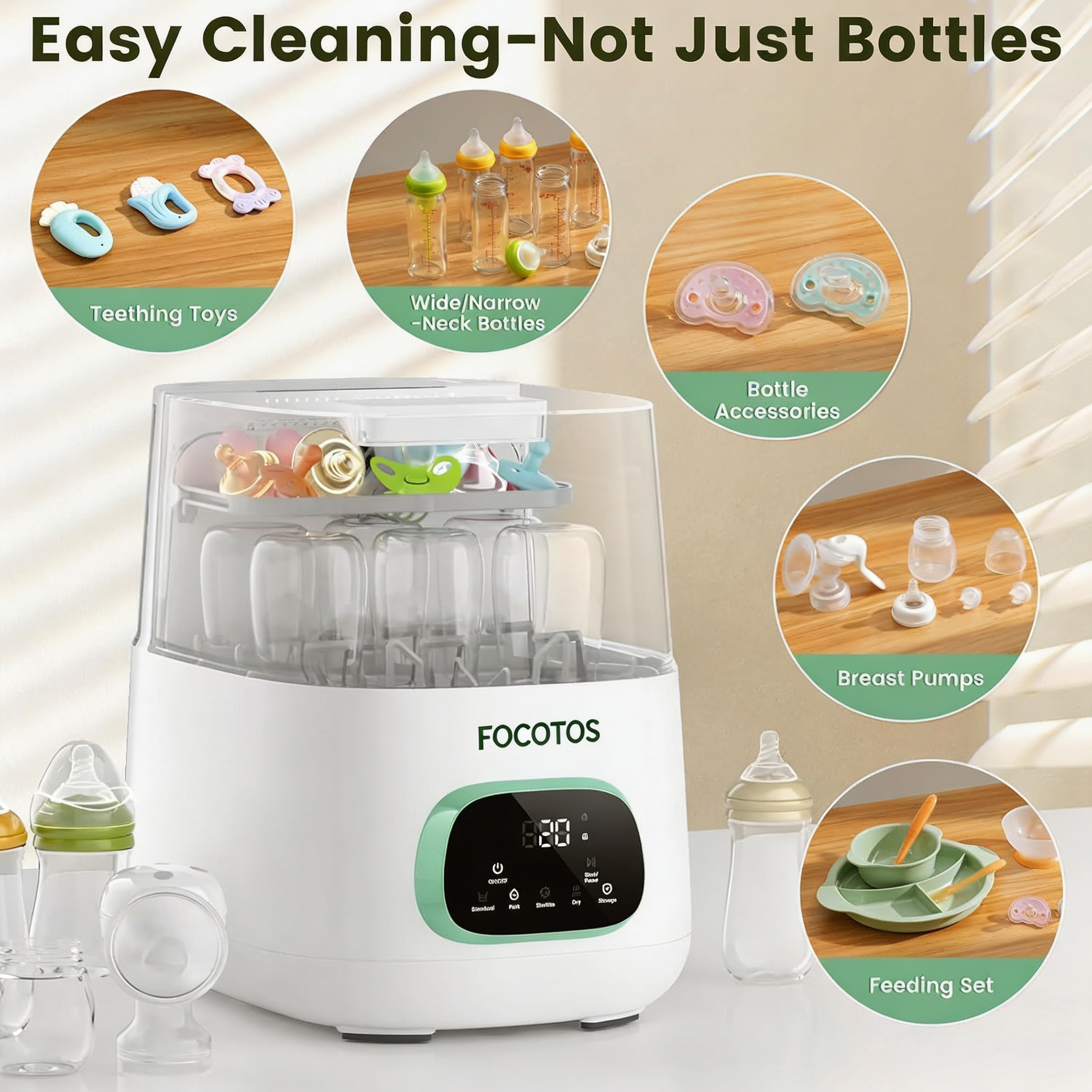 FOCOTOS Upgraded Bottle Washer Pro, All-in-One Baby Bottle Washer and Sterilizer & Dryer, Cleaning Machine for Bottles, Pump Parts & Baby Essentials, Replaces Hand Washing, Mothers Day Gifts for Women