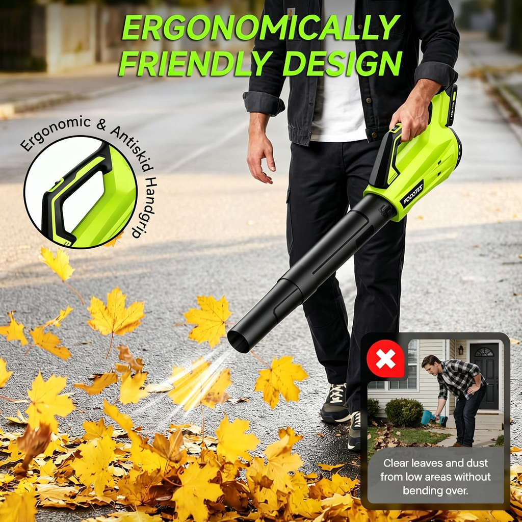 FOCOTOS Leaf Blower Cordless, Leaf Blower with Battery and Charger - 2 Speed Modes, 2 Batteries, 20V Powerful Lightweight Electric Blowers for Blowing Leaves, Lawn Care, Patio, Green