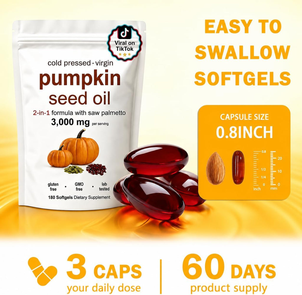 FOCOTOS Pumpkin Seed Oil, Pumpkin Seed Oil Capsules with Saw Palmetto| for Hair Growth - Non-GMO - 180 Softgels | 3000mg Cold Pressed white