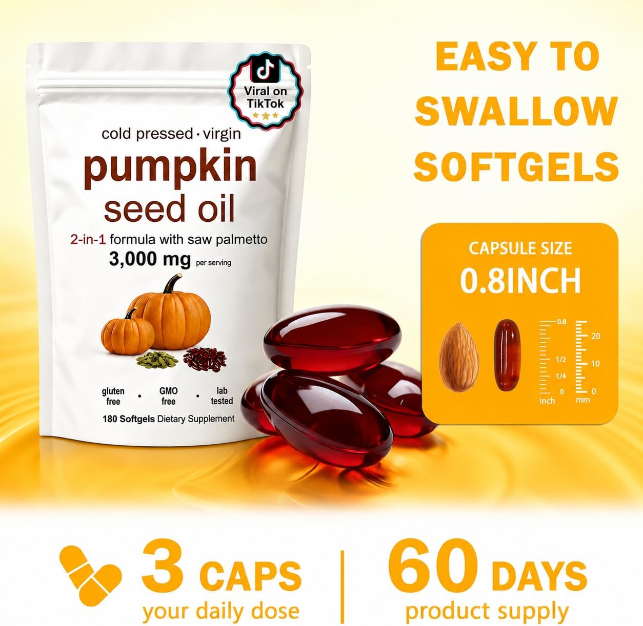 FOCOTOS Pumpkin Seed Oil, Pumpkin Seed Oil Capsules with Saw Palmetto| for Hair Growth - Non-GMO - 180 Softgels | 3000mg Cold Pressed white