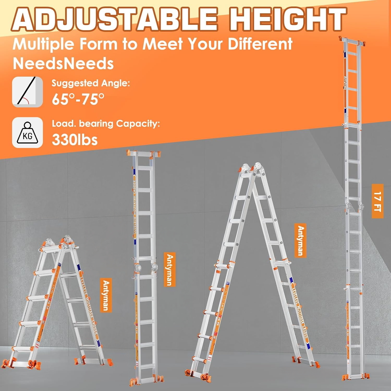Antyman Telescoping A Frame Ladder, 17FT Multi Position Ladder with Stabilizer Bar & Wheels,330 lbs Security Load for Stairs Home Indoor Outdoor Roof
