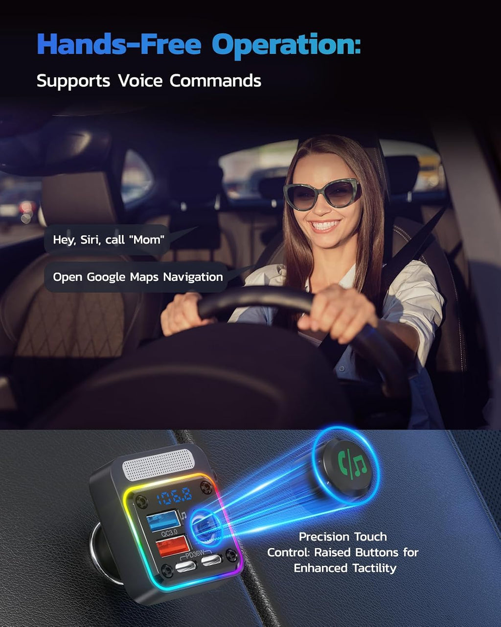 Antyman 54W Bluetooth 5.3 Car Adapter, FM Transmitter 4-Port Fast Charging | Wireless FM Radio Music Player with Deep Bass, 5 Colors LED Backlit, Hands-Free Calling, PD&QC Car Charger Support USB Drive