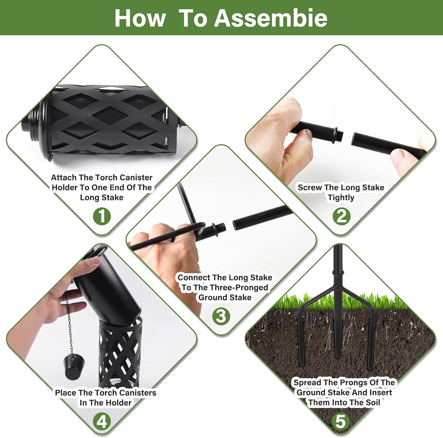 FOCOTOS Citronella Torches for Outside Set of 6, 16 Oz Outdoor Torches with 3-Prong Grounded Stake, 59 Inch Metal Torch for Garden Décor, Outside Torches for Backyard, Garden, Patio (Black