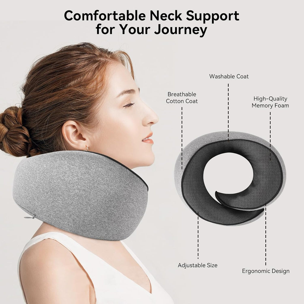 FOCOTOS Travel Pillow, Memory Foam Neck Pillow with Ergonomic 360° Support, Travel Neck Pillow for Airplanes, Compact Design for Plane, Car & Office Travel Essentials, Gray