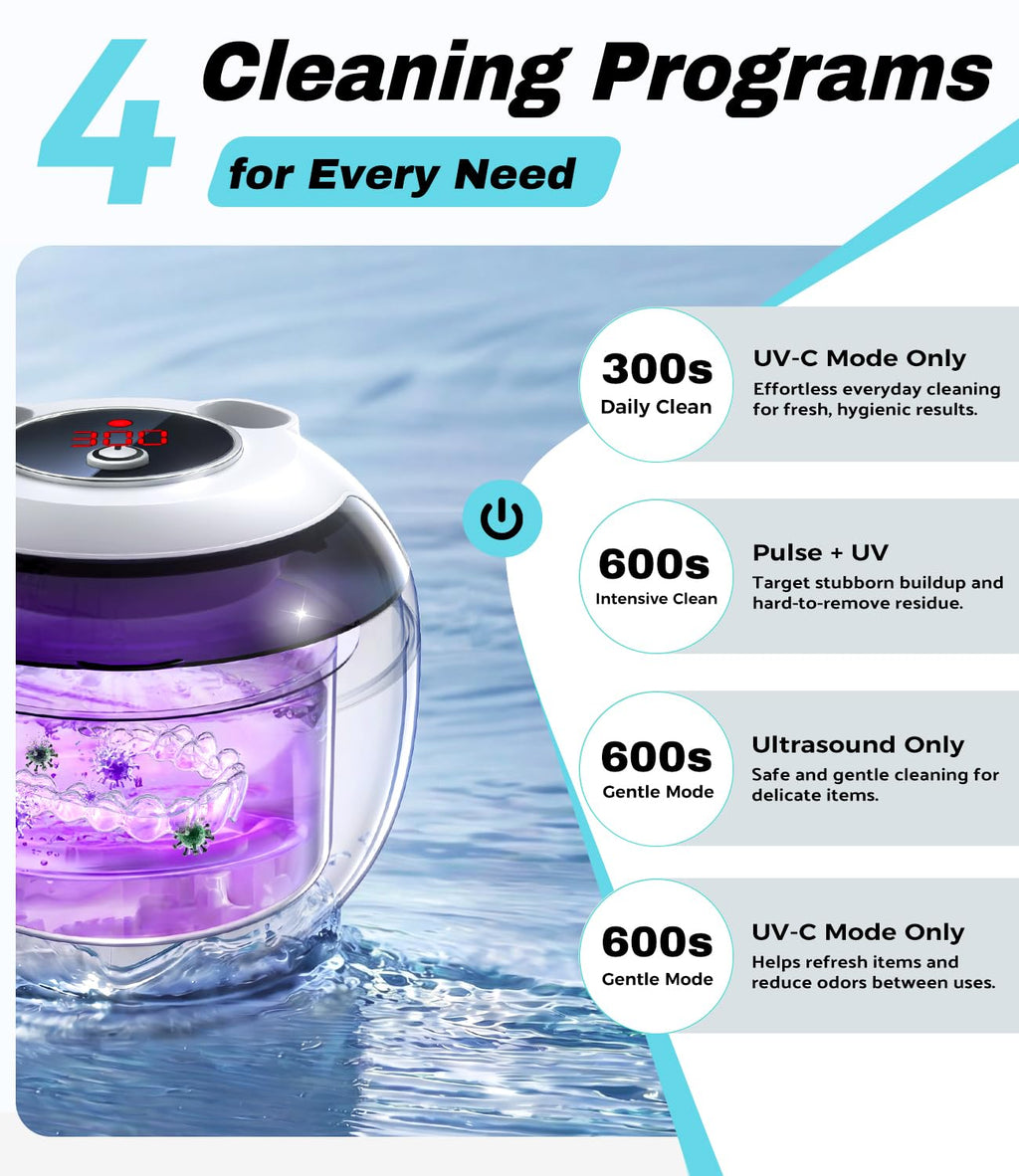 FOCOTOS Ultrasonic Retainer Cleaner Machine, 45kHz Deep Gentle Dental Cleaning Pod with 304 Stainless Steel Tank, 4 Cleaning Modes for Aligners, Dentures, Mouth Guards, Night Guards, Toothbrush Heads