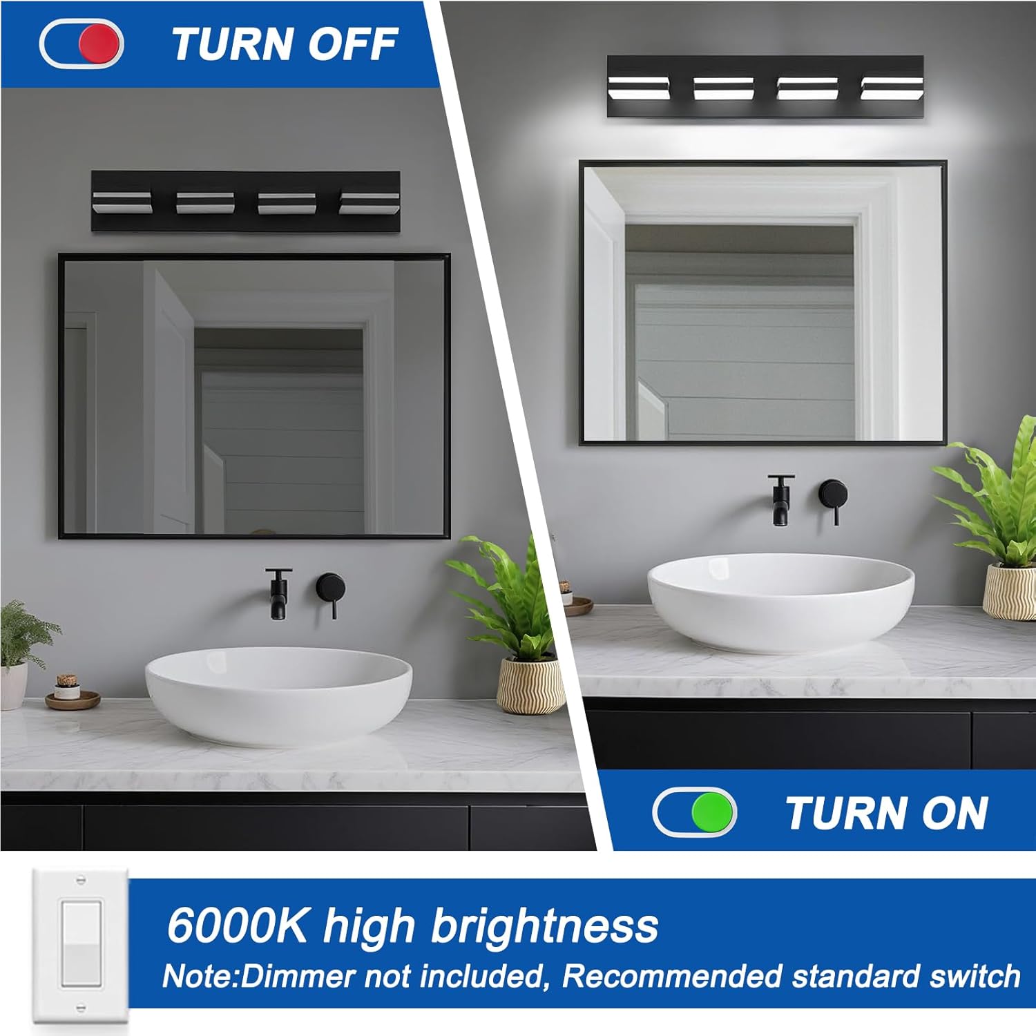 FOCOTOS LED Modern Bathroom Lights Fixtures(4-Light,Dimmable,360°Rotate),Matte Black Acrylic Wall Lighting,Vanity Lights for Bathroom Over Mirror - 6000k 24In （No Assembly Required）