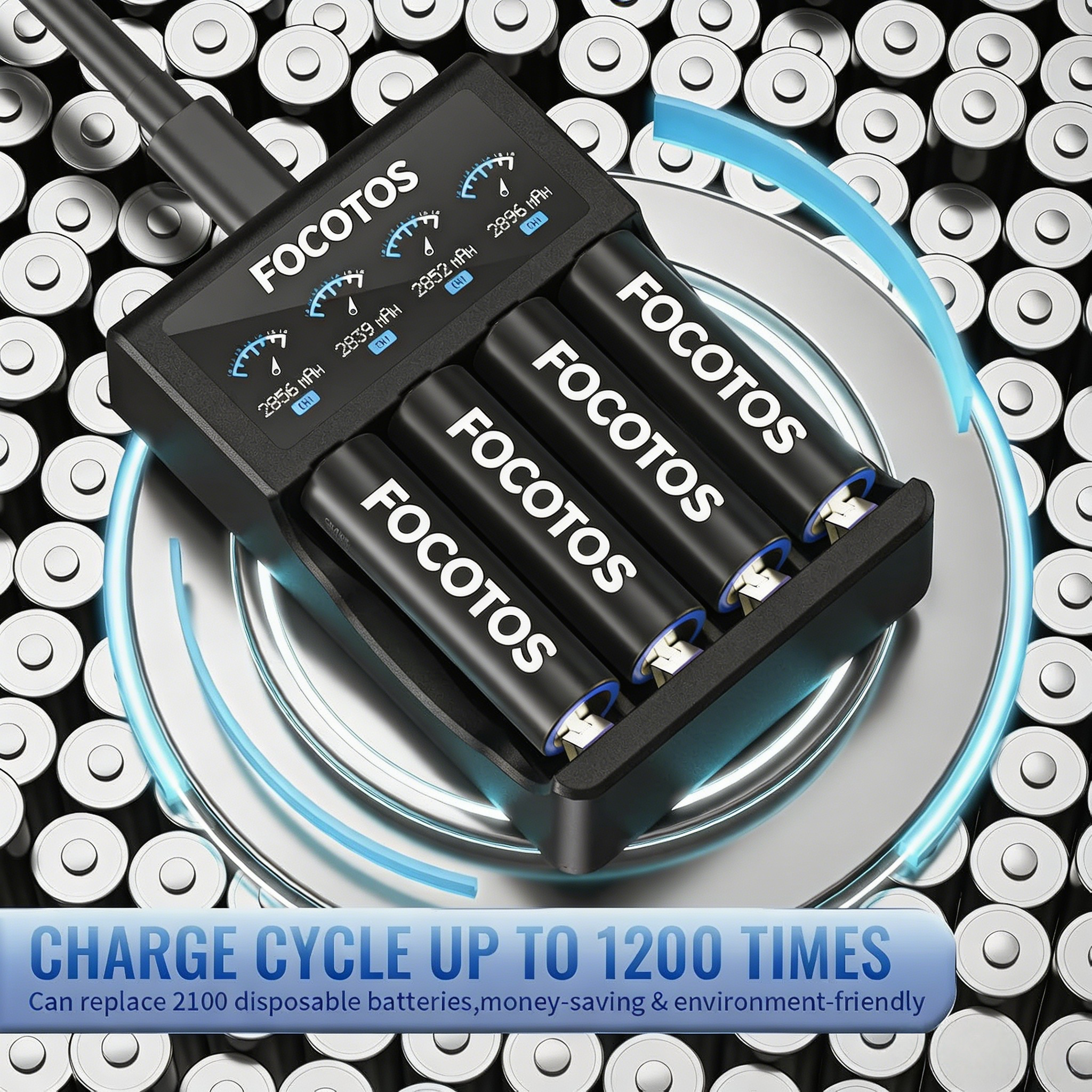 FOCOTOS AA Rechargeable Batteries 8 Pack, High Capacity 2800mAh 1200 Cycles 1.2V NiMH Rechargeable Battery AA