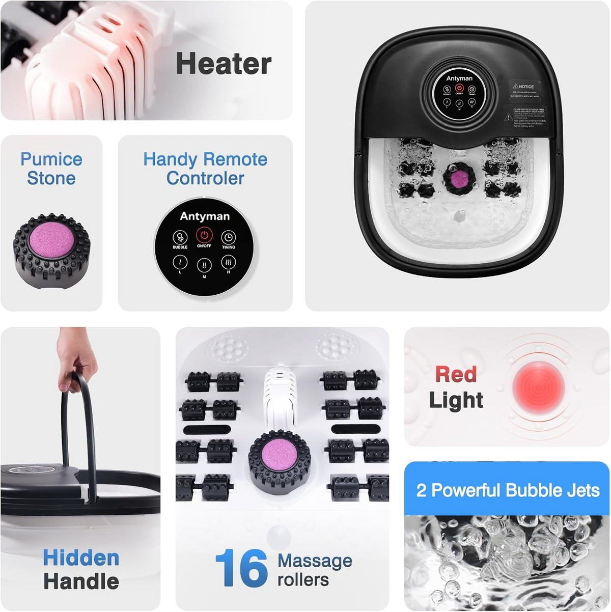 Antyman Collapsible Foot Spa Bath with Heat & Bubble, Foot Soaking Tub with Timer and Red Light., 16 Rollers & Pumice Stone, Enjoy Warm Water Foot Bath, Gift for Wife and Mom, Black