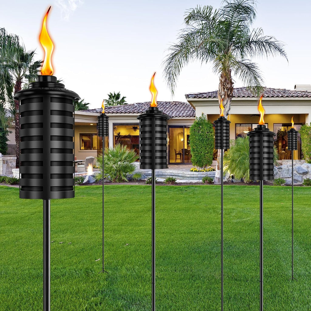 FOCOTOS 6 Pcs Metal Torch for Outside, 16 oz Outdoor Metal Torch Garden Décor,59-Inch Upgraded Citronella Torches with 3-Prong Grounded Stake, Table Top Torches for Party Patio Pathway