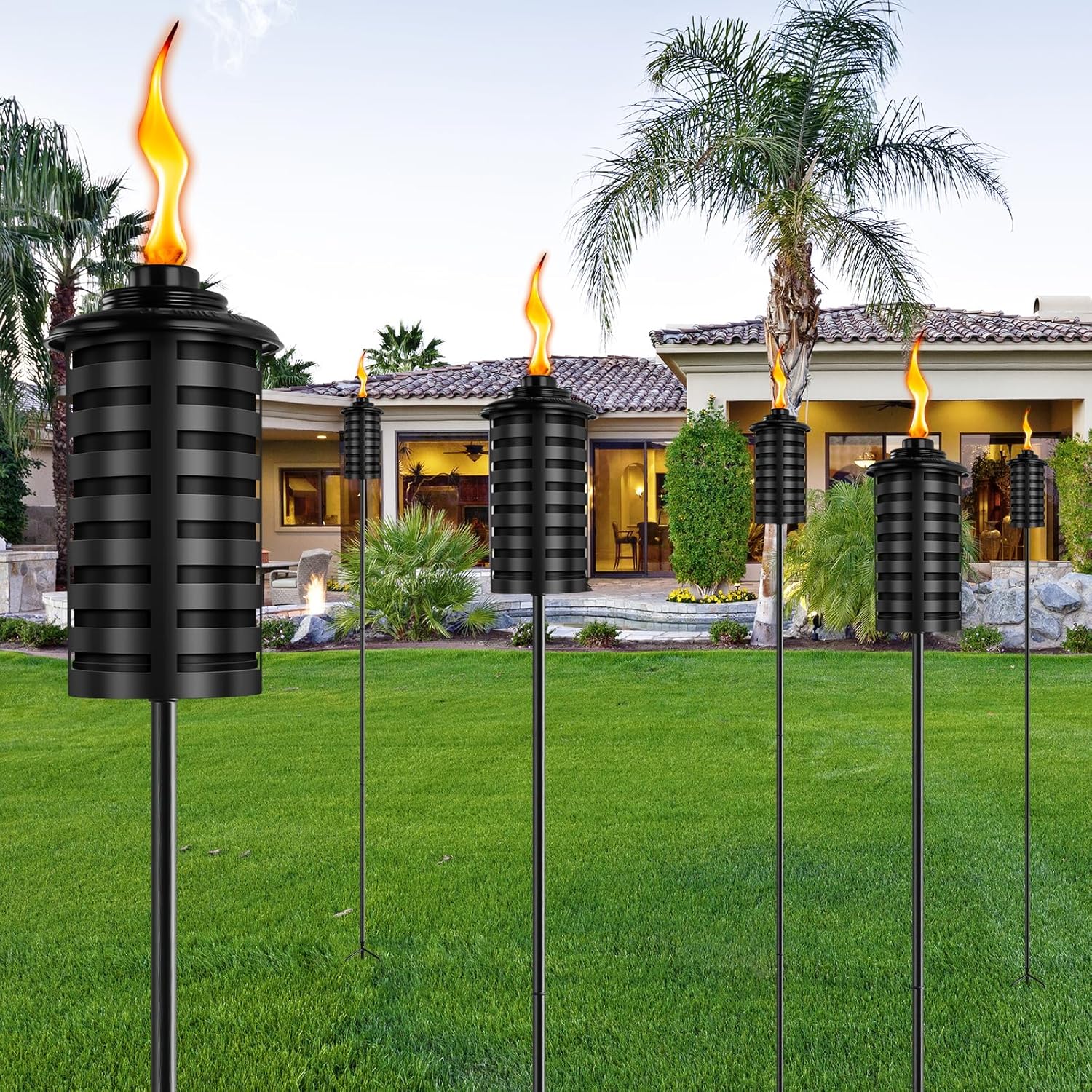 FOCOTOS 6 Pcs Metal Torch for Outside, 16 oz Outdoor Metal Torch Garden Décor,59-Inch Upgraded Citronella Torches with 3-Prong Grounded Stake, Table Top Torches for Party Patio Pathway