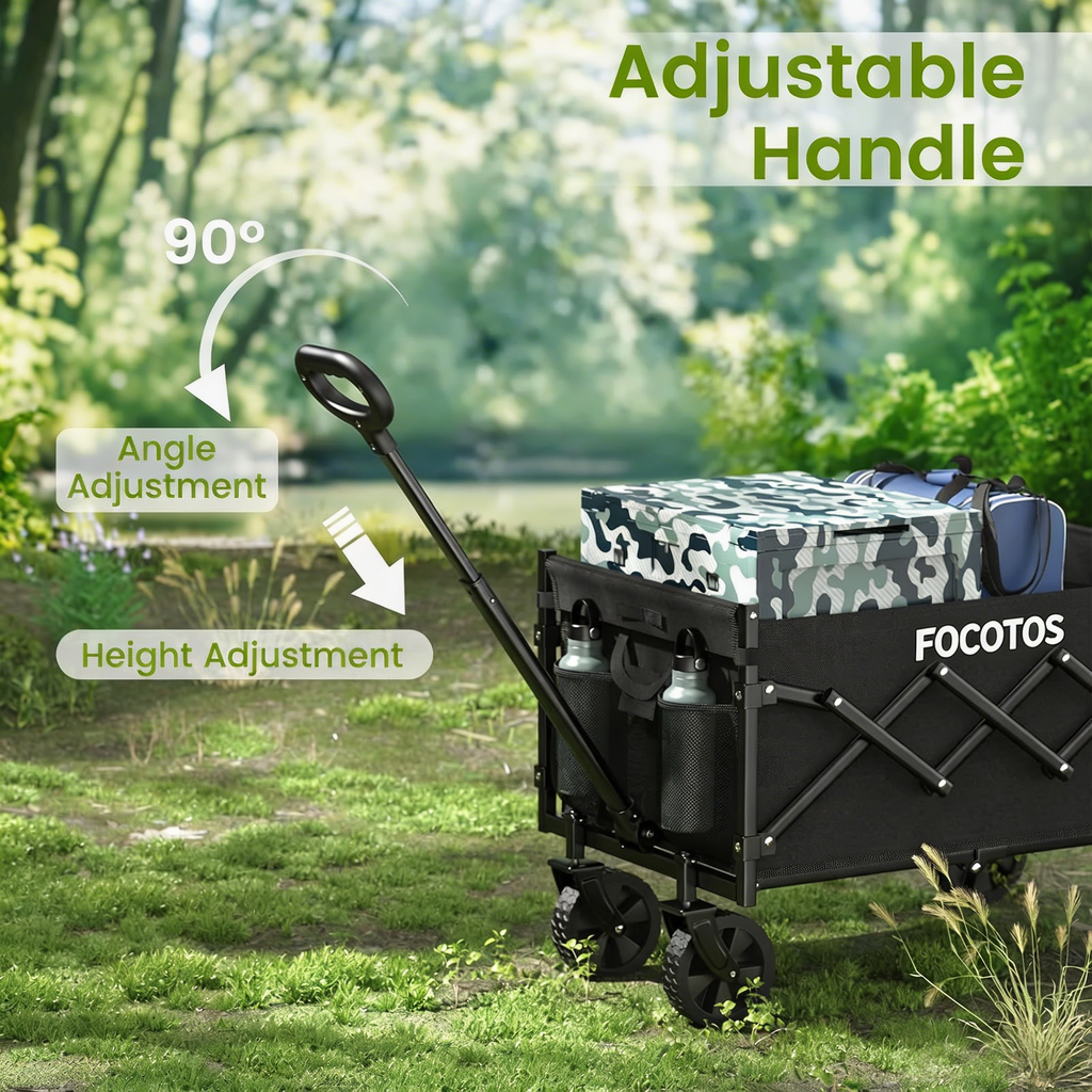 FOCOTOS Collapsible Wagon with Wheels, 220 lbs Wagons Carts Foldable Wagon Cart with Flexible Handle, Lightweight Portable Folding Utility Grocery Shopping Cart for Grocery Sports Garden Camping