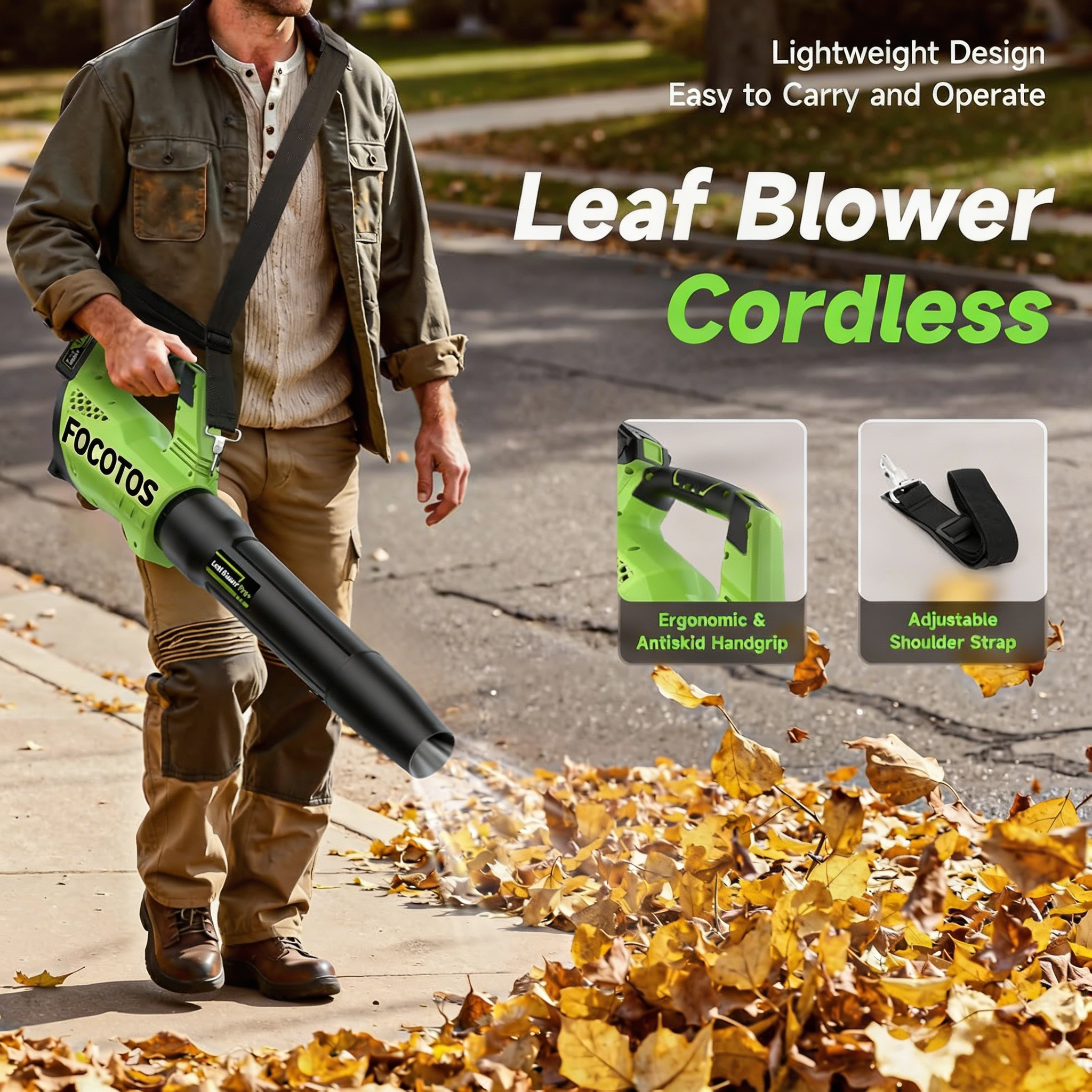 FOCOTOS Leaf Blower Cordless, 650CFM Electric Leaf Blowers with 2 x 5.2Ah Batteries and Charger, 3 Speed Modes, 1 x Adjustable Shoulder Strap, Powerful Blowers for Lawn Care, Patio, Dust, Blowing Leaves