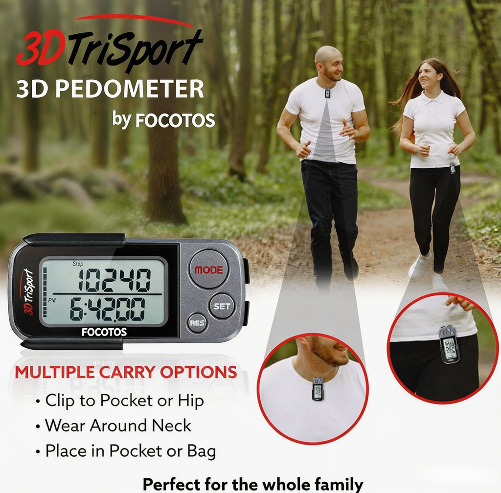 FOCOTOS 3DTriSport 3D Walking Pedometer with Clip & Strap, Accurate Step Counter with 30-Day Memory, Distance in Miles/KM with Large Display Perfect for Seniors & Beginners, eBook Included