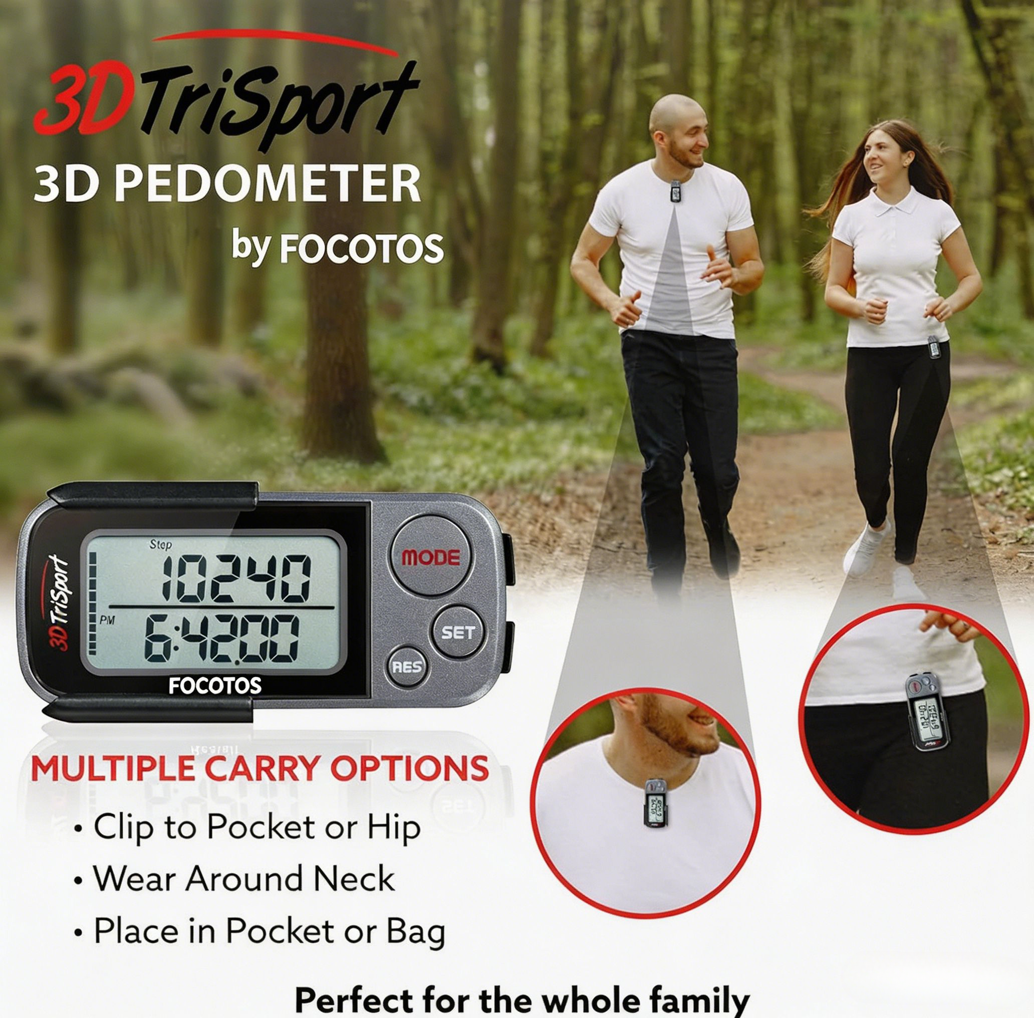 FOCOTOS 3DTriSport 3D Walking Pedometer with Clip & Strap, Accurate Step Counter with 30-Day Memory, Distance in Miles/KM with Large Display Perfect for Seniors & Beginners, eBook Included