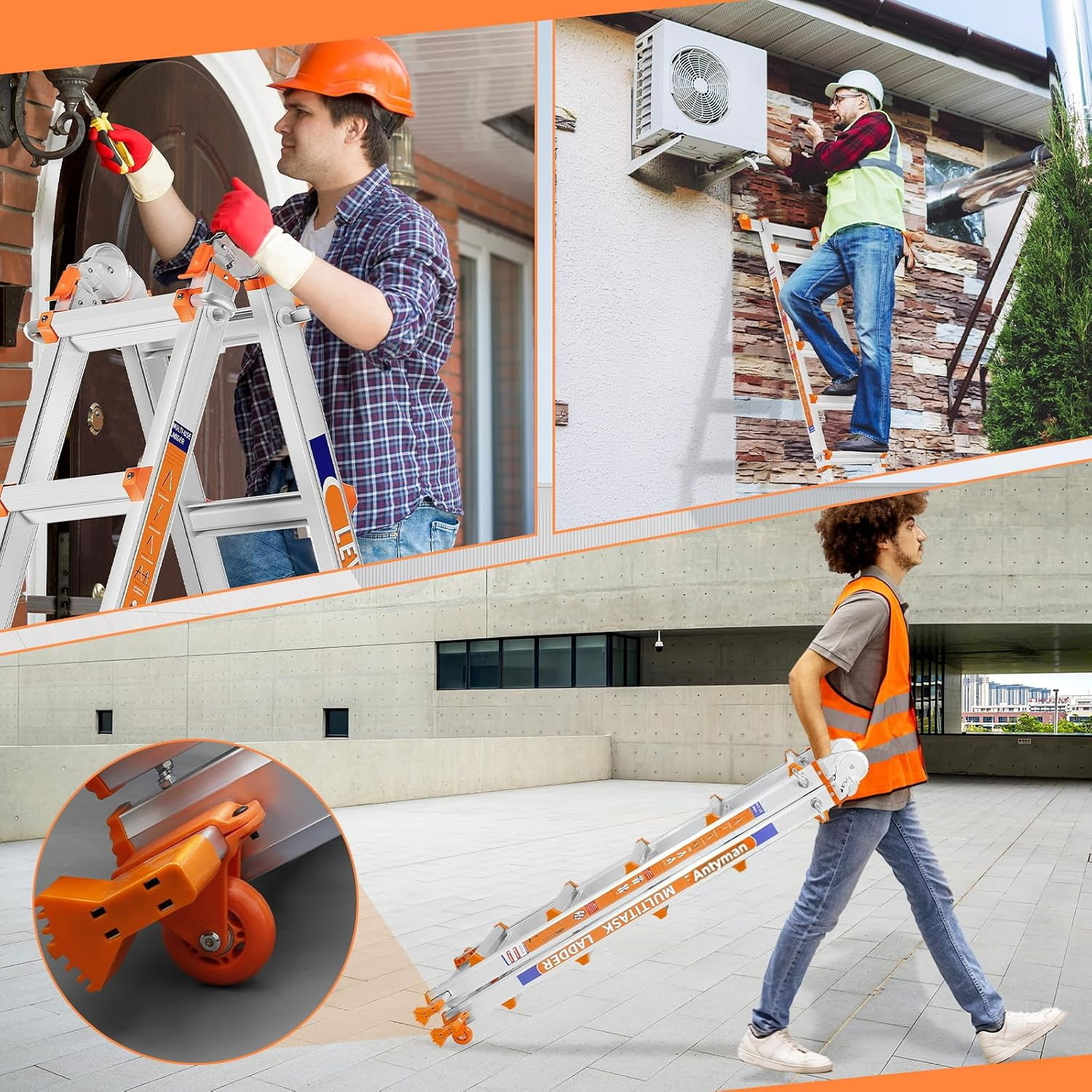 Antyman Telescoping A Frame Ladder, 17FT Multi Position Ladder with Stabilizer Bar & Wheels,330 lbs Security Load for Stairs Home Indoor Outdoor Roof