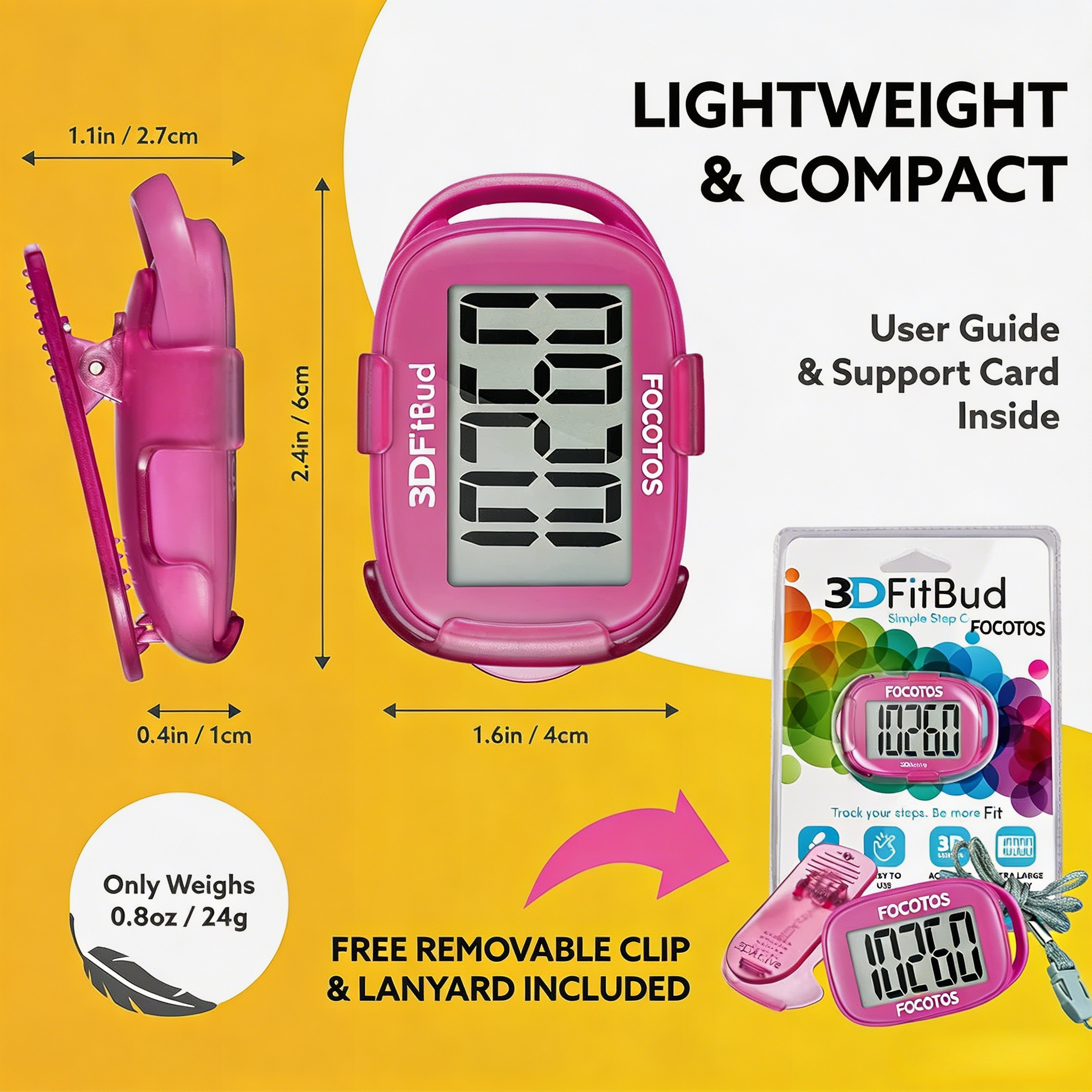 FOCOTOS 3DFitBud Simple Step Counter Walking 3D Pedometer with Clip, Lanyard Accurate Step Tracker Large Display, Easy to Use for Kids Men Women Adult Seniors Daily Step Tracking - A420S