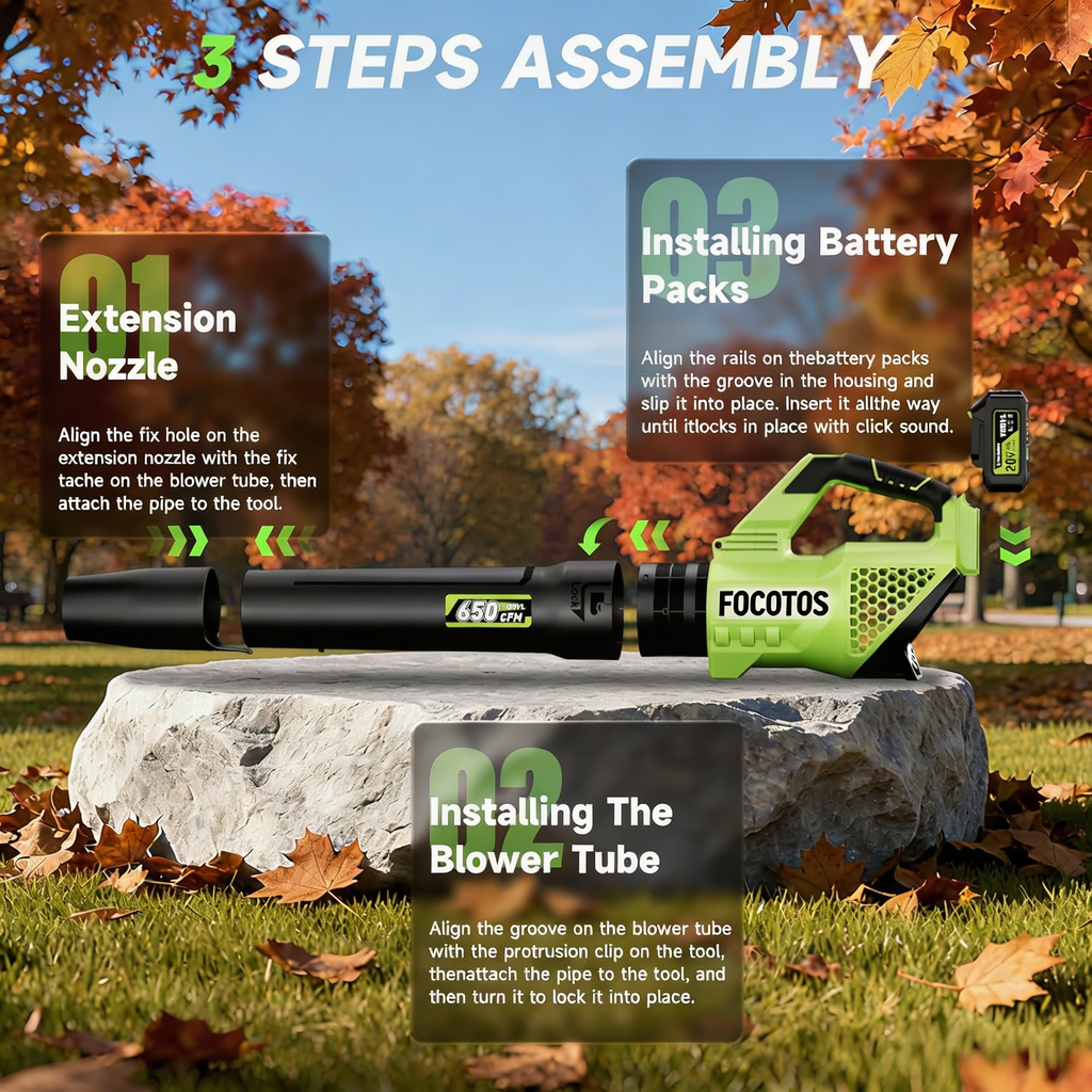 FOCOTOS Leaf Blower Cordless, 650CFM Electric Leaf Blowers with 2 x 5.2Ah Batteries and Charger, 3 Speed Modes, 1 x Adjustable Shoulder Strap, Powerful Blowers for Lawn Care, Patio, Dust, Blowing Leaves