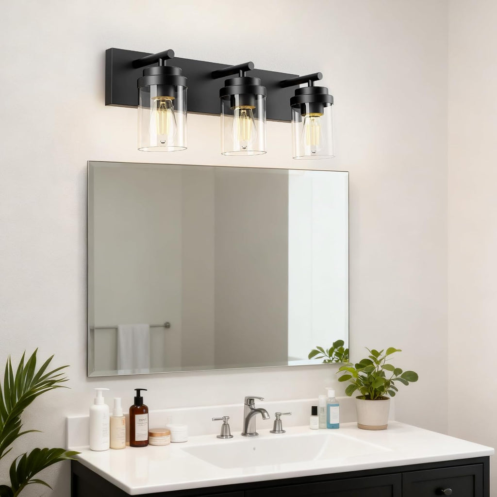 FOCOTOS Bathroom Vanity Light Fixture, 3-Light 22 Inch Matte Black Bathroom Light Fixtures Over Mirror, with Clear Glass Shade, Modern Farmhouse Vanity Lights, Rustic Restroom Lighting Fixtures