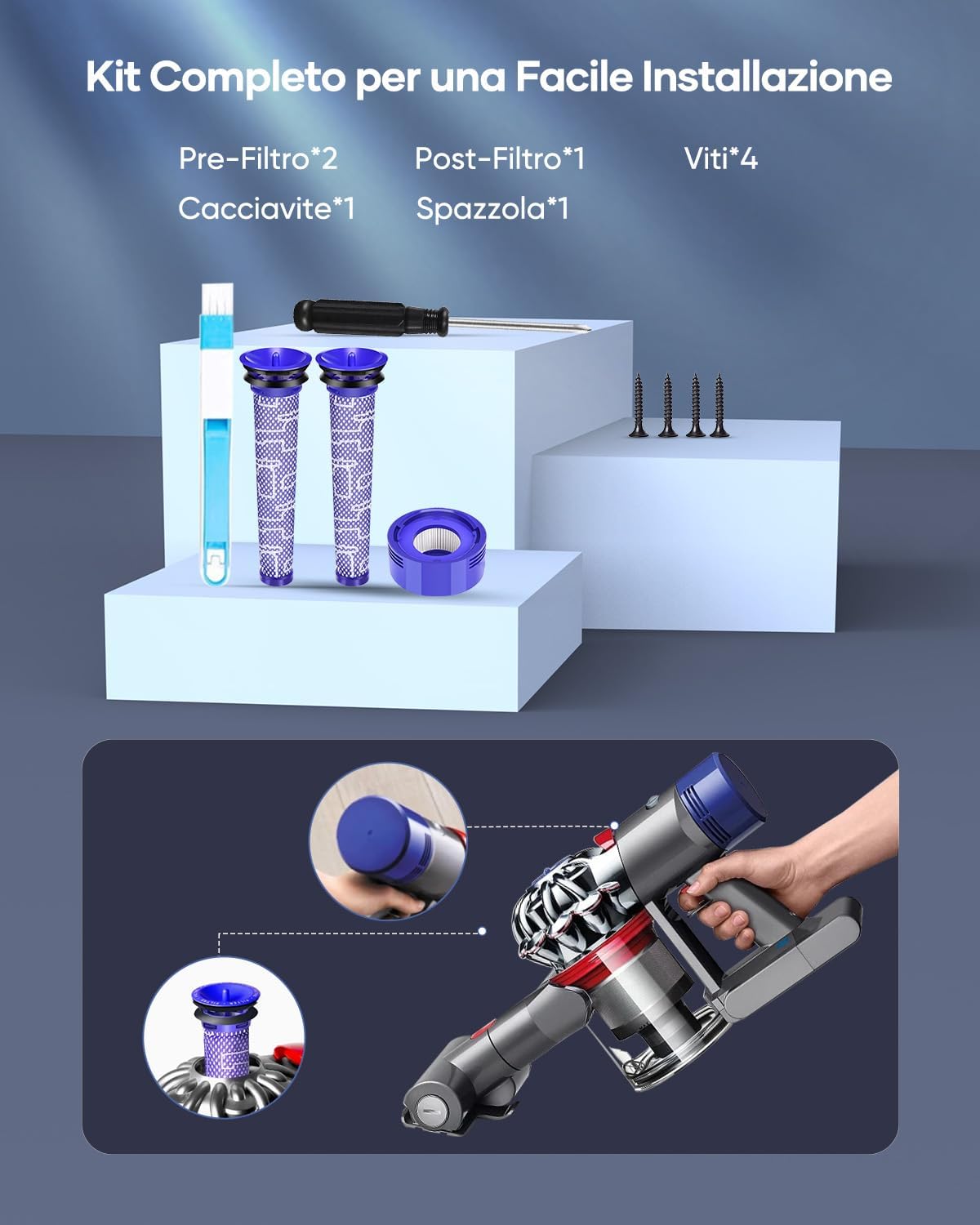 Batteria FOCOTOS 8000mAh per Dyson V8, Sostituzione Batteria Li-ion Compatibile con V8 Animal, Absolute, Fluffy, Parquet, SV10 - Con 3 Filtri, Spazzola e Cacciavite Inclusi