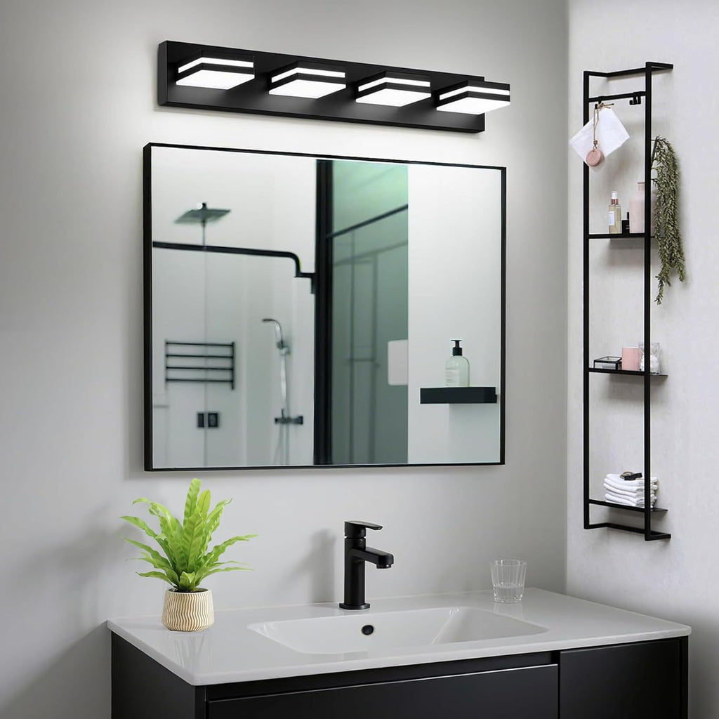 FOCOTOS LED Modern Bathroom Lights Fixtures(4-Light,Dimmable,360°Rotate),Matte Black Acrylic Wall Lighting,Vanity Lights for Bathroom Over Mirror - 6000k 24In （No Assembly Required）