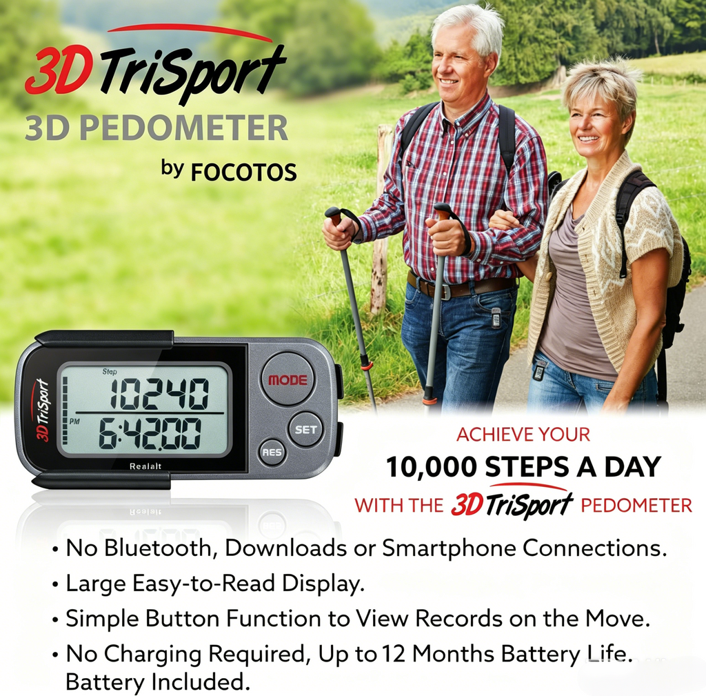 FOCOTOS 3DTriSport 3D Walking Pedometer with Clip & Strap, Accurate Step Counter with 30-Day Memory, Distance in Miles/KM with Large Display Perfect for Seniors & Beginners, eBook Included