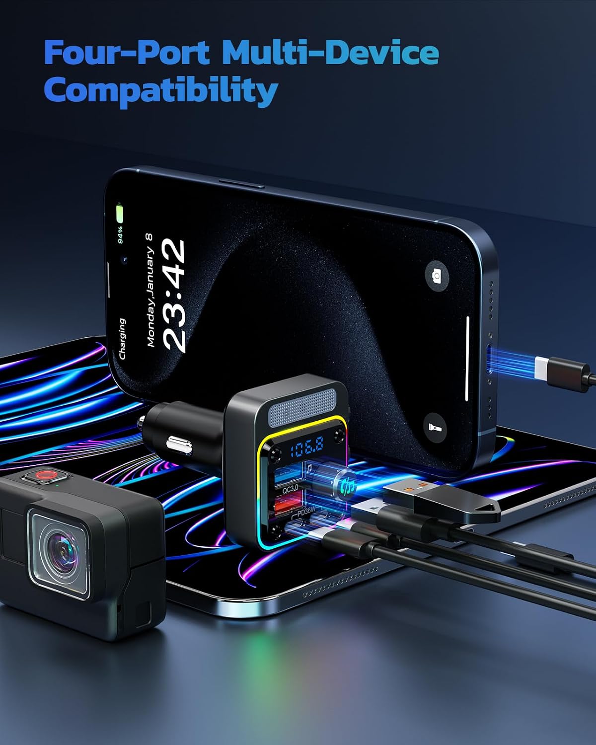 Antyman 54W Bluetooth 5.3 Car Adapter, FM Transmitter 4-Port Fast Charging | Wireless FM Radio Music Player with Deep Bass, 5 Colors LED Backlit, Hands-Free Calling, PD&QC Car Charger Support USB Drive