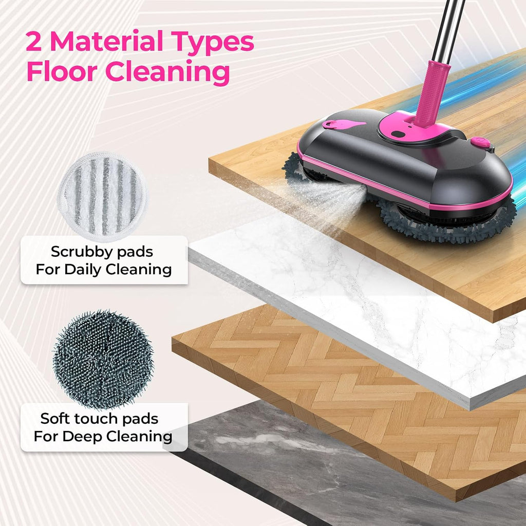 FOCOTOS Cordless Electric Mop, Electric Spin Mop with Water Sprayer, Powerful Floor Cleaner, 300ml Tank Self-Propelled for Hardwood & Tile, Adjustable Handle, 2500mAh Long-Lasting Battery, Pink