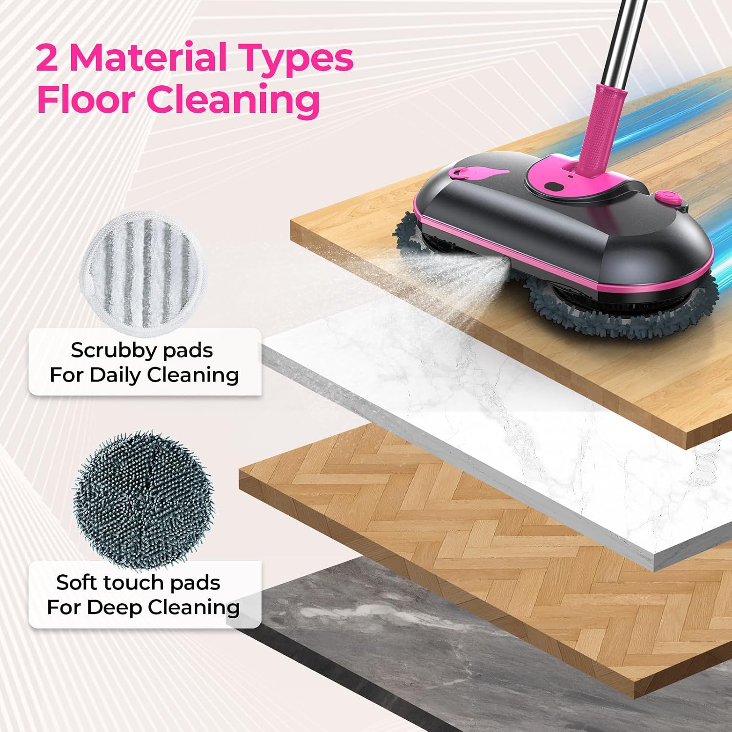 FOCOTOS Cordless Electric Mop, Electric Spin Mop with Water Sprayer, Powerful Floor Cleaner, 300ml Tank Self-Propelled for Hardwood & Tile, Adjustable Handle, 2500mAh Long-Lasting Battery, Pink