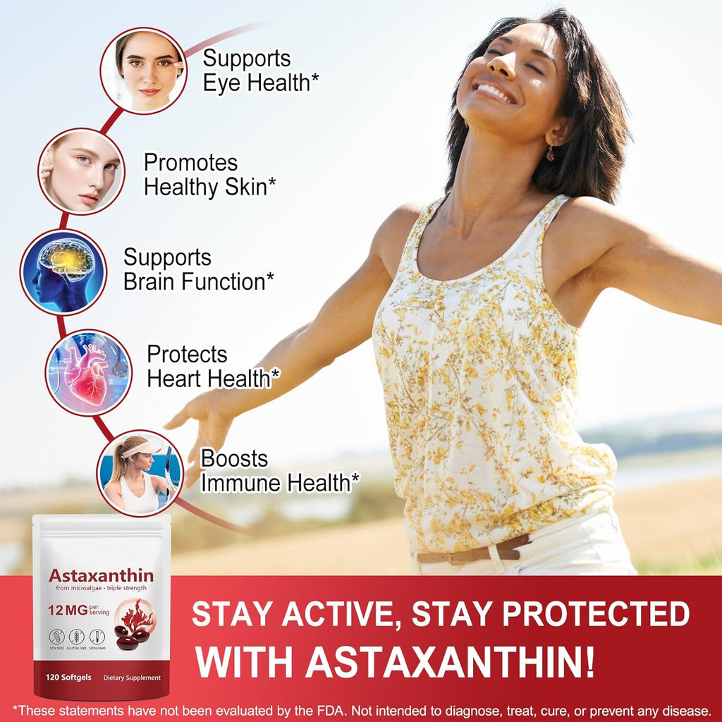 FOCOTOS Astaxanthin 12mg, 120 Softgels, 4 Month Supply, Astaxanthin Antioxidant Supplements, Supports Eye, Joint, Internal Circulation, Skin Health