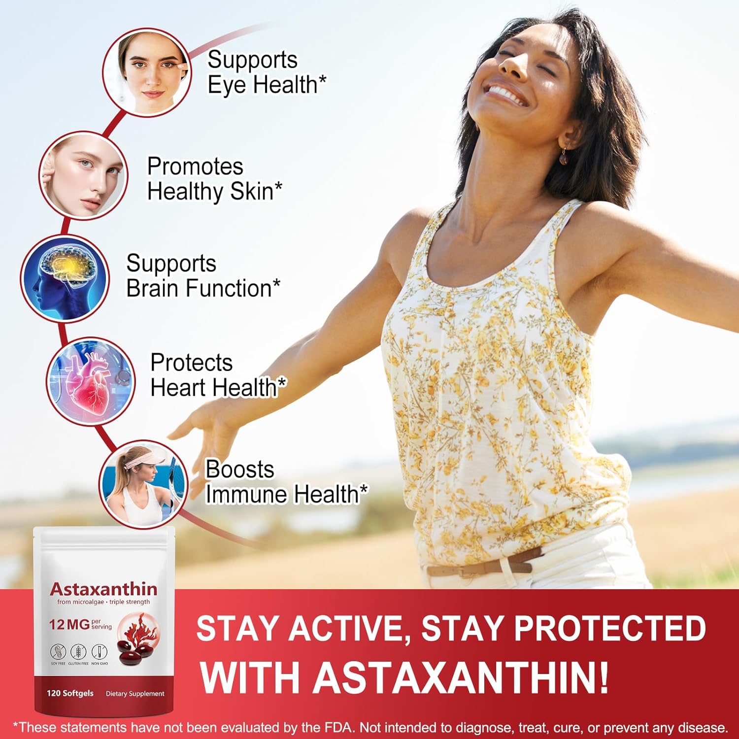 FOCOTOS Astaxanthin 12mg, 120 Softgels, 4 Month Supply, Astaxanthin Antioxidant Supplements, Supports Eye, Joint, Internal Circulation, Skin Health