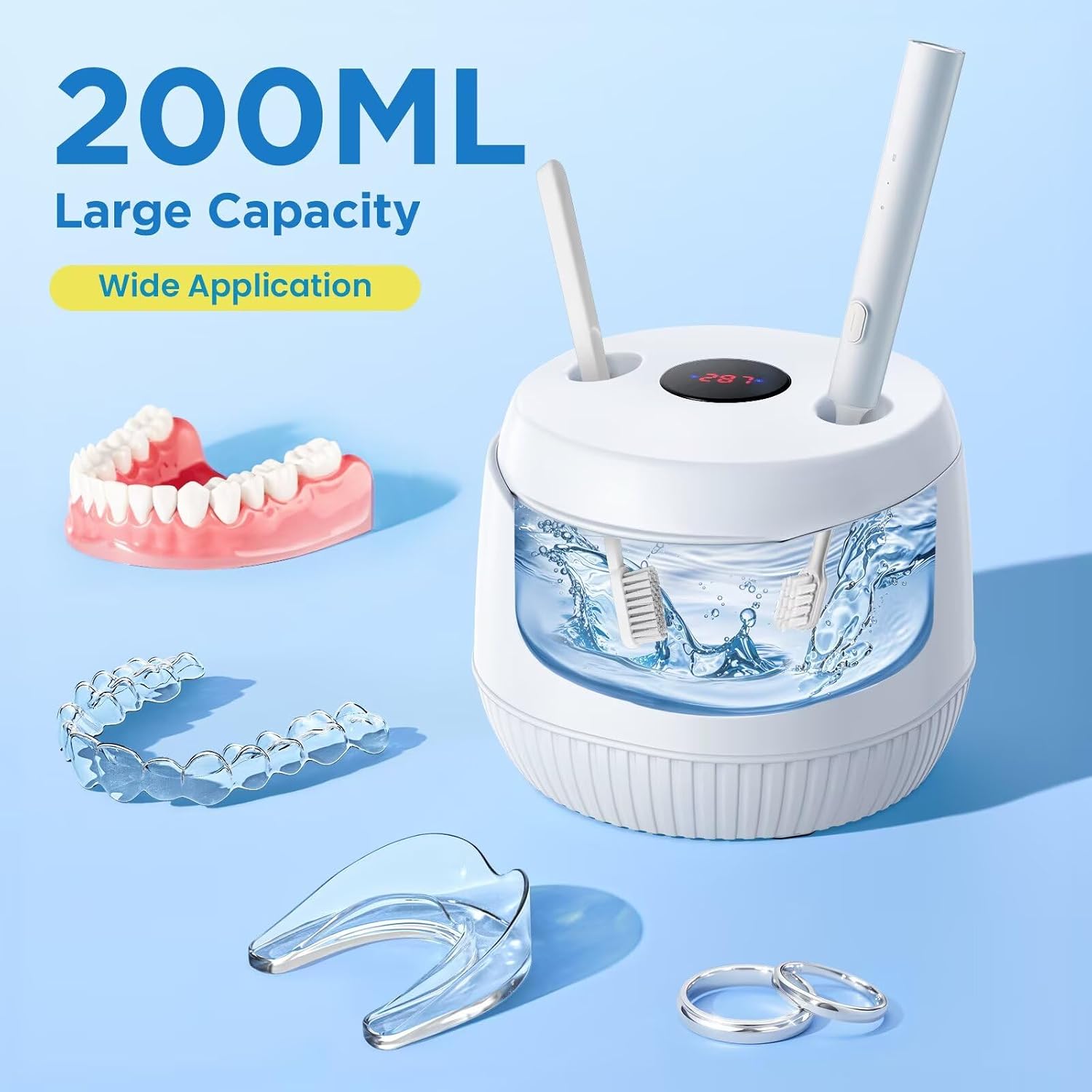 Antyman Dental Ultrasonic Retainer Cleaner Machine: 45kHz Dental Cleaning Pod with Digital Timer & 200ML, Cleaning for Dentures, Mouth Guards, Aligners, Night Guards, Braces, Toothbrush Heads & Jewelry, White