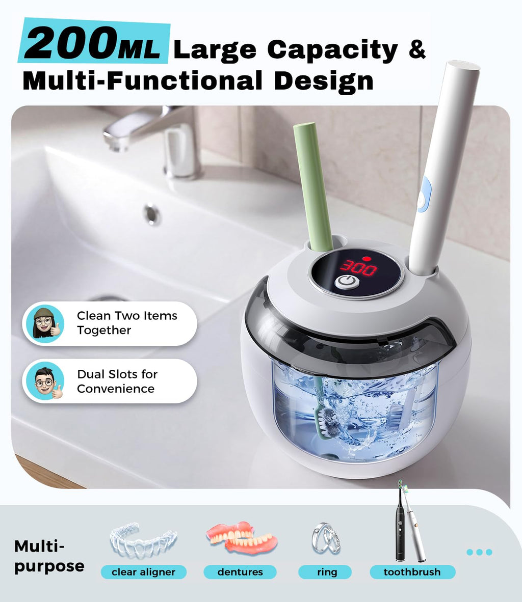 FOCOTOS Ultrasonic Retainer Cleaner Machine, 45kHz Deep Gentle Dental Cleaning Pod with 304 Stainless Steel Tank, 4 Cleaning Modes for Aligners, Dentures, Mouth Guards, Night Guards, Toothbrush Heads