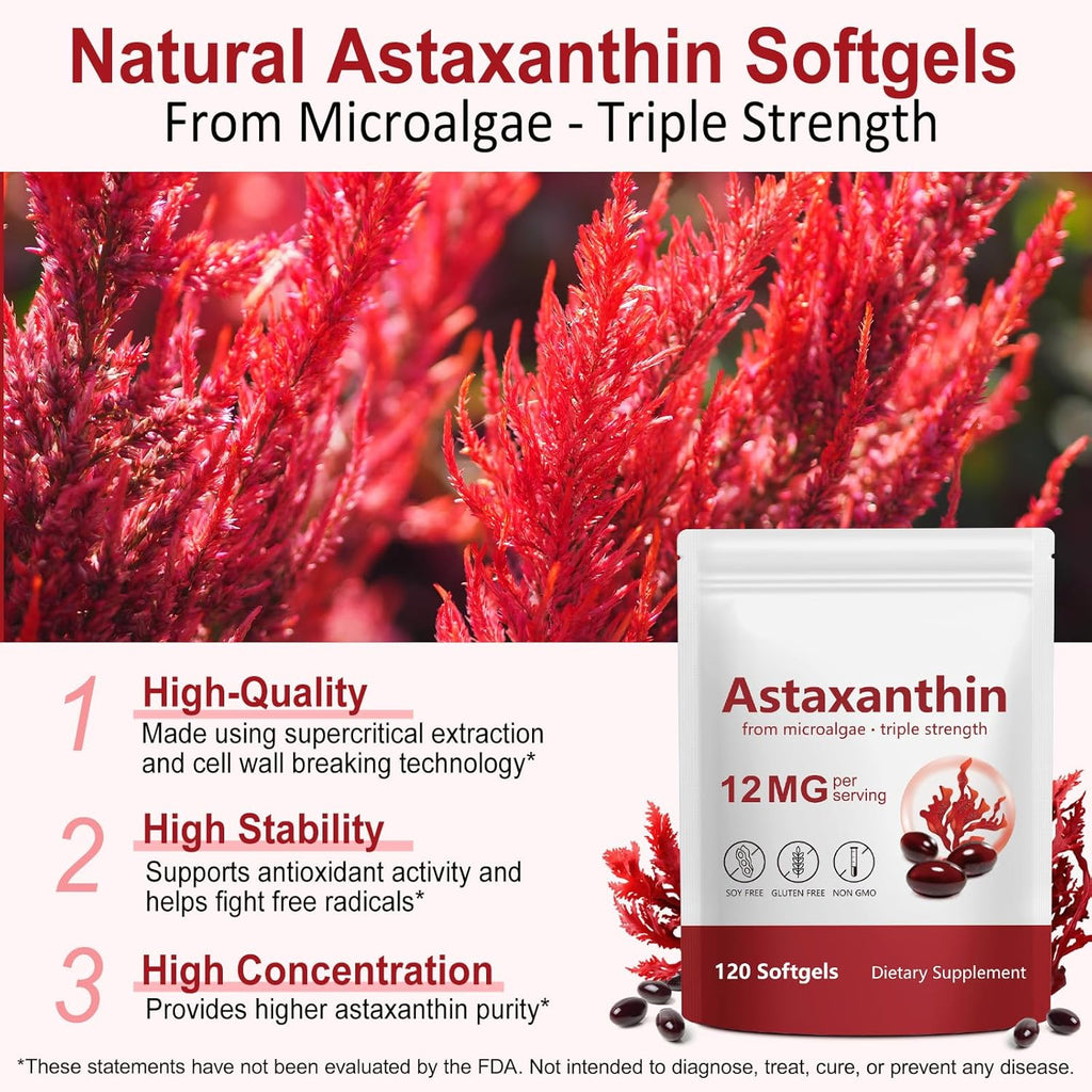 FOCOTOS Premium Astaxanthin 12mg, Natural Antioxidant Supplement for Eye, Joint, Skin Health,Microalgae Source, 4 Month Supply | Supports Internal Circulation, 120 Softgels