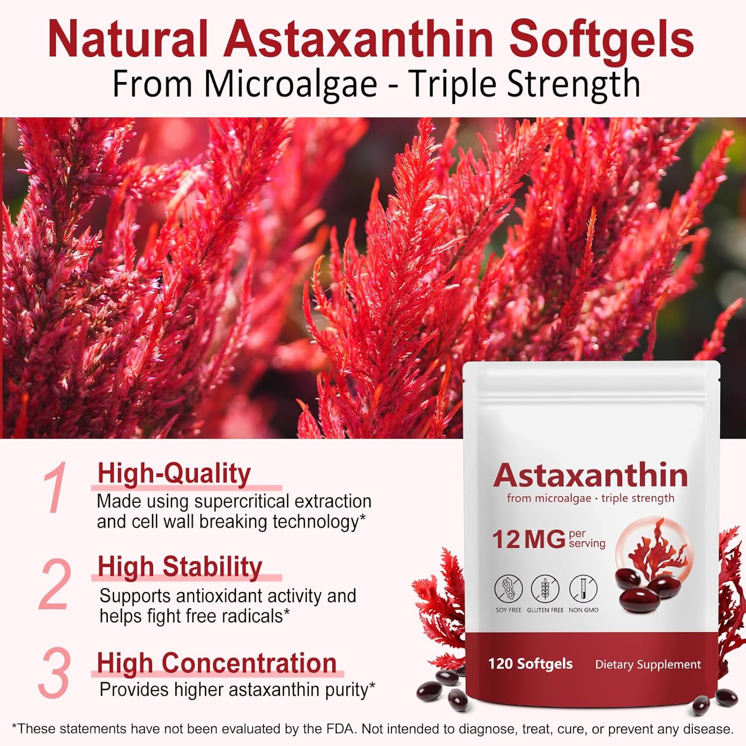 FOCOTOS Premium Astaxanthin 12mg, Natural Antioxidant Supplement for Eye, Joint, Skin Health,Microalgae Source, 4 Month Supply | Supports Internal Circulation, 120 Softgels