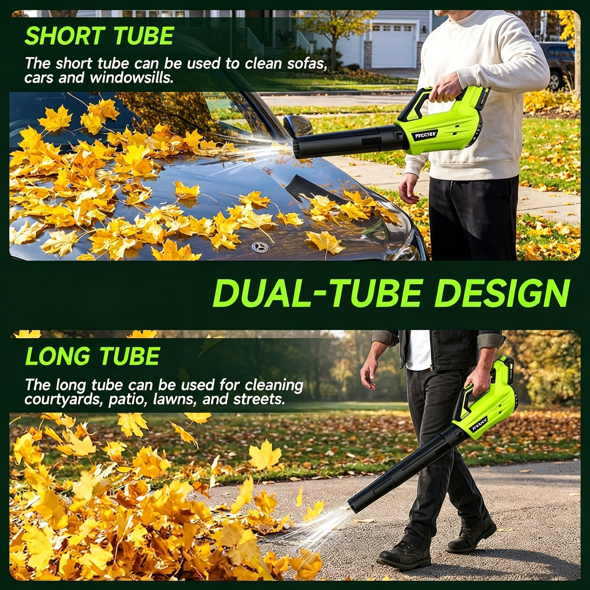 FOCOTOS Leaf Blower Cordless, Leaf Blower with Battery and Charger - 2 Speed Modes, 2 Batteries, 20V Powerful Lightweight Electric Blowers for Blowing Leaves, Lawn Care, Patio, Green