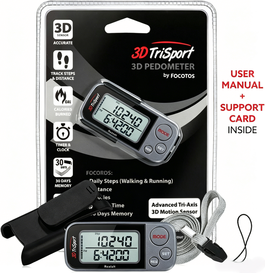 FOCOTOS 3DTriSport 3D Walking Pedometer with Clip & Strap, Accurate Step Counter with 30-Day Memory, Distance in Miles/KM with Large Display Perfect for Seniors & Beginners, eBook Included