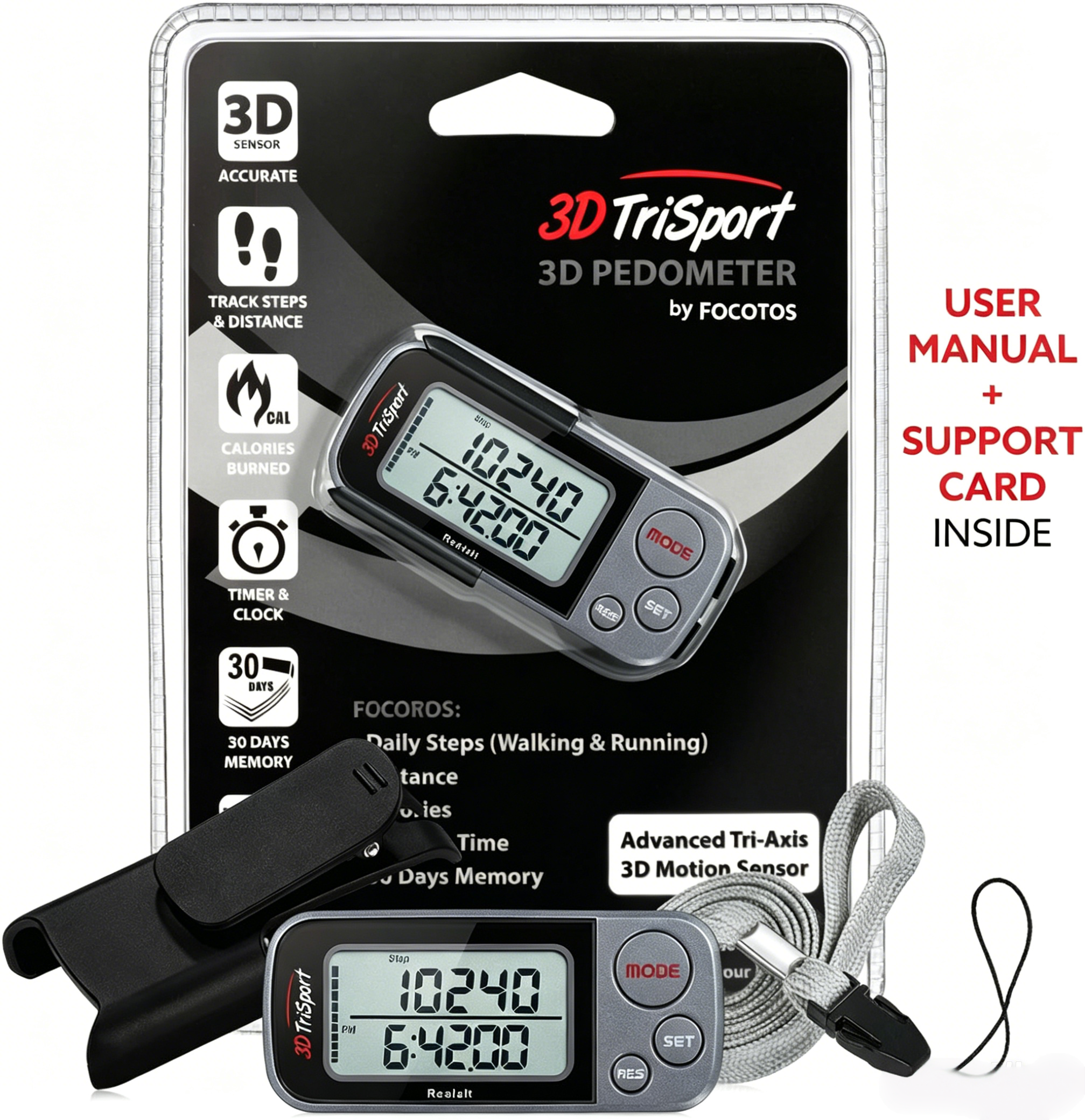 FOCOTOS 3DTriSport 3D Walking Pedometer with Clip & Strap, Accurate Step Counter with 30-Day Memory, Distance in Miles/KM with Large Display Perfect for Seniors & Beginners, eBook Included