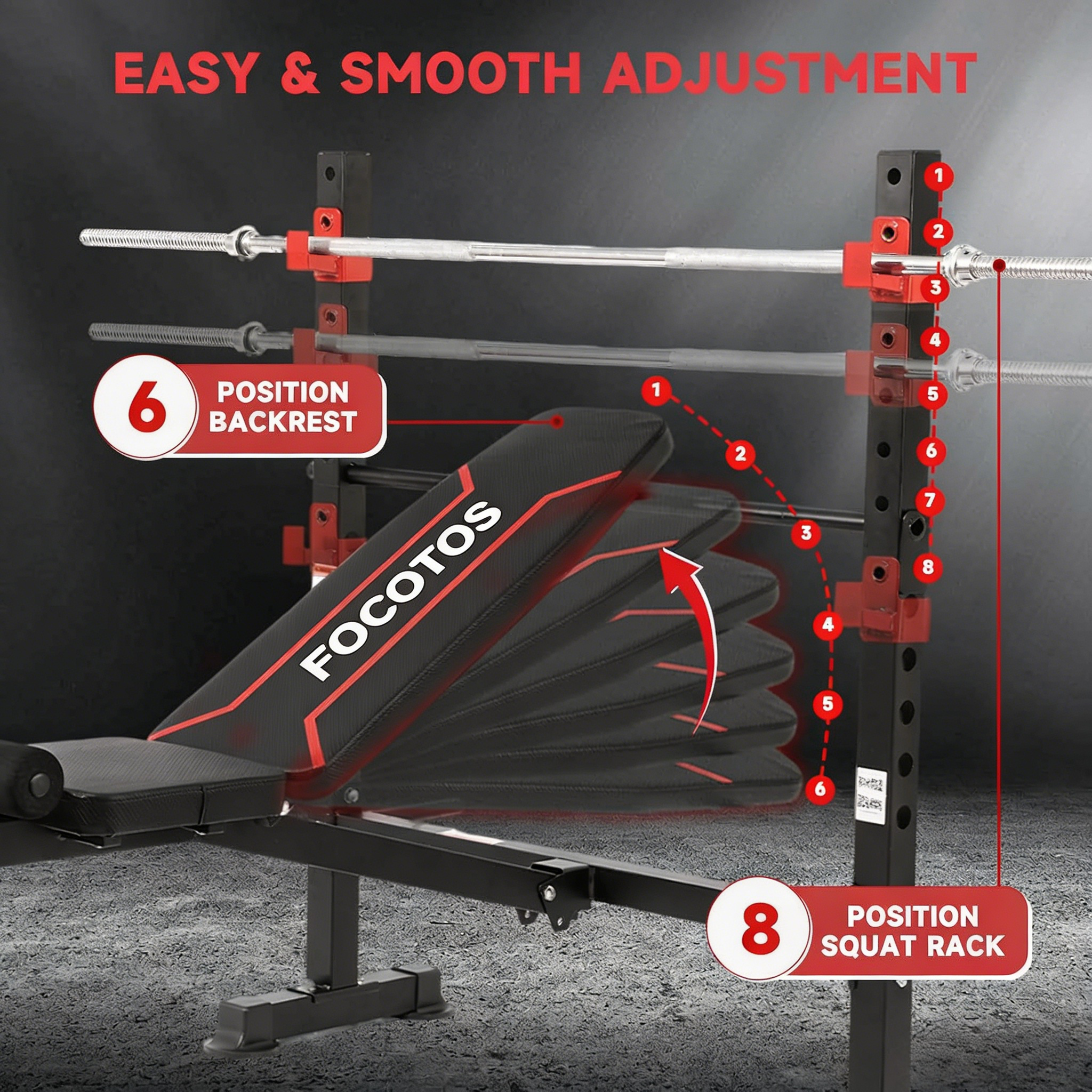 FOCOTOS 1500LBS / 750LBS 8 in 1 Weight Bench with Leg Extension and Squat Rack, Adjustable Flat Incline Decline Bench Press for Full Body Workout（US Stock）